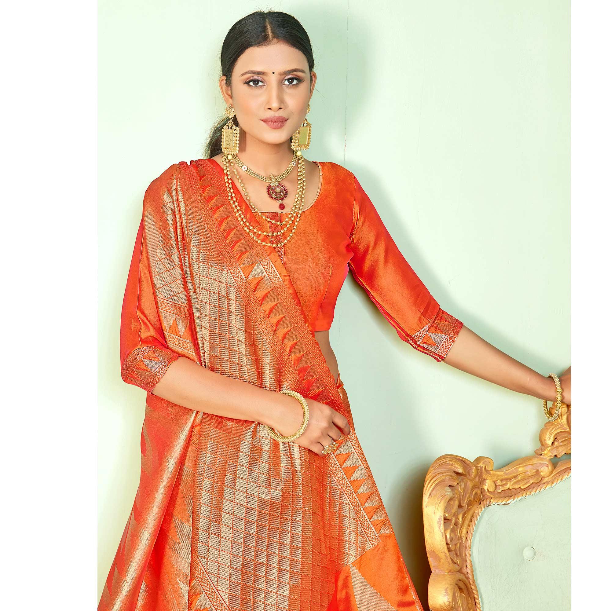 Peachmode Breathtaking Orange Colored Festive Wear Woven Silk Saree - view 2