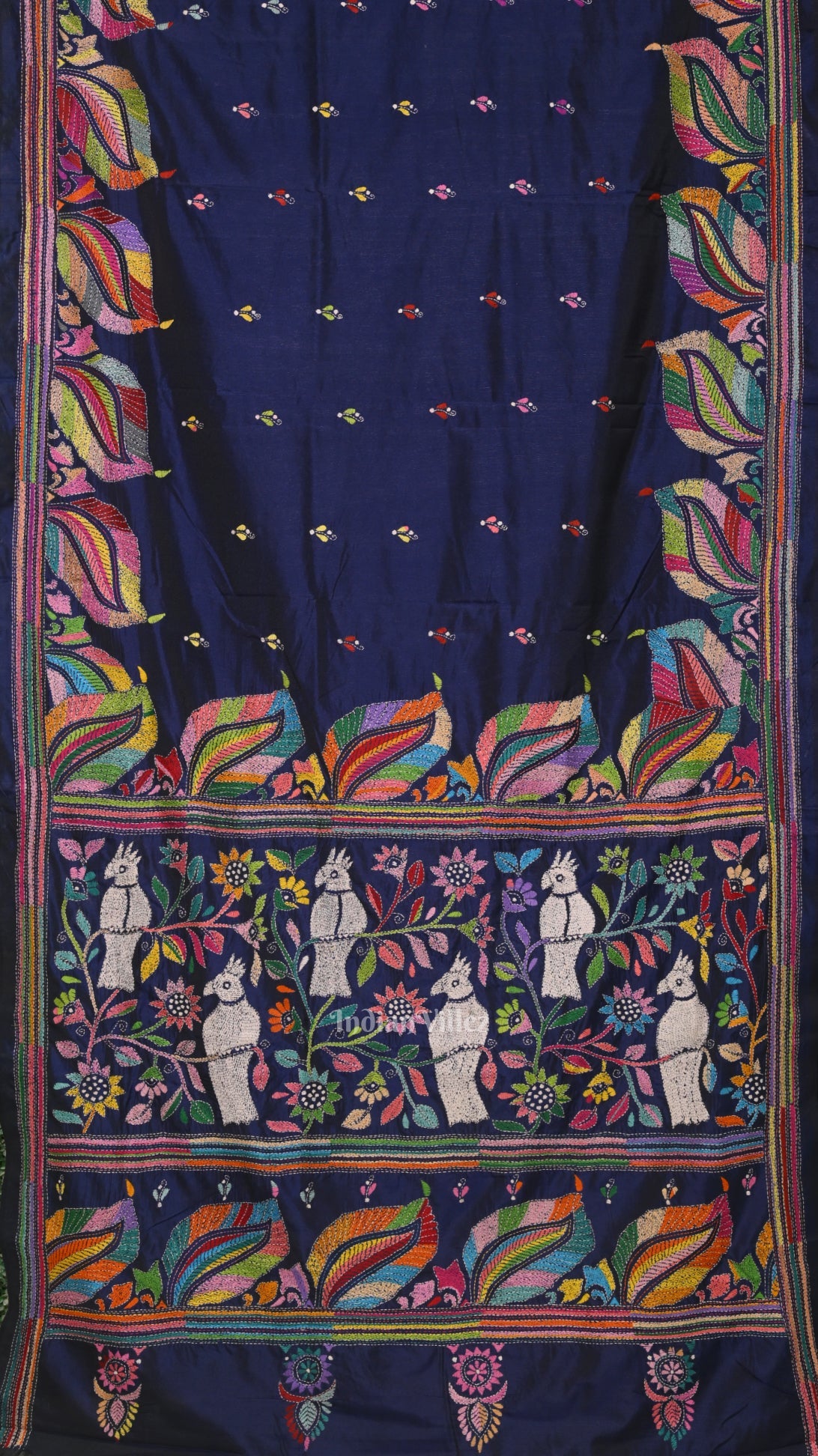 IndianVillèz Royal Blue Handwoven Kantha Stitch Silk Saree