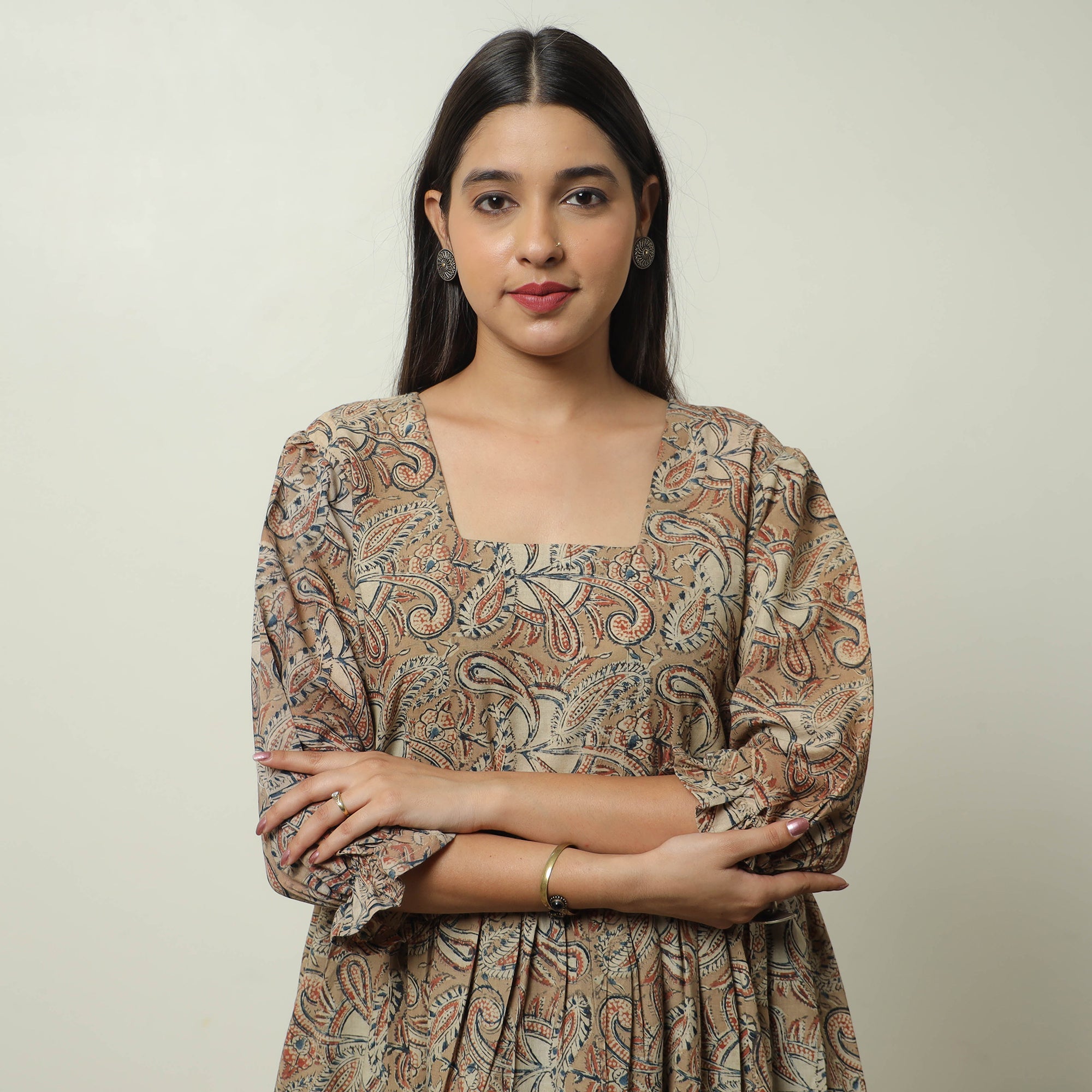 ITOKRI CASUALS Brown - Kalamkari Block Printed Cotton Tiered Dress 09