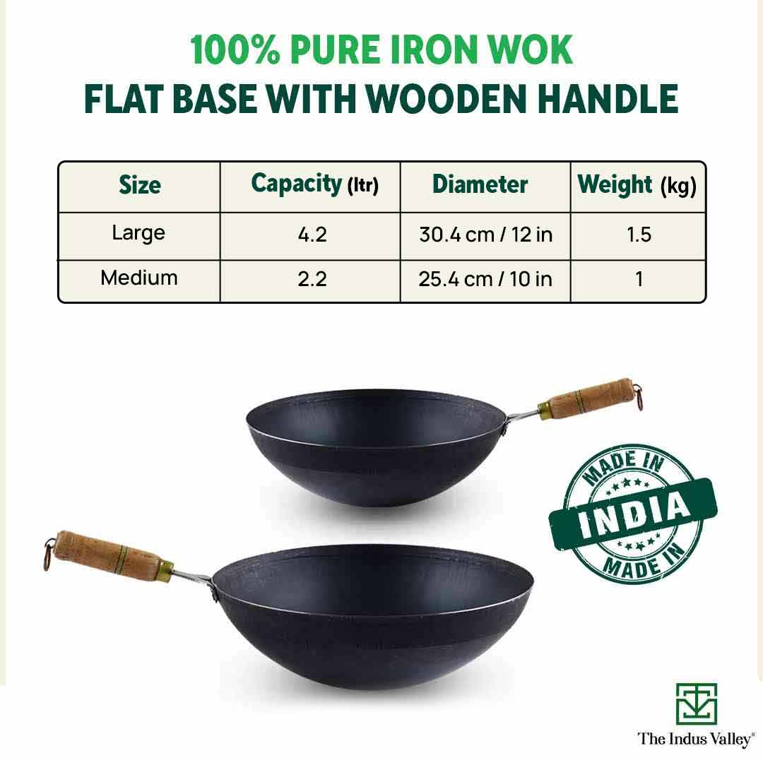 The Indus Valley 100% Pure Iron Wok with Wooden Handle, Toxin-free Sheet Iron, Pre-seasoned, 2.2/4.2L, 1/1.5kg - view 3