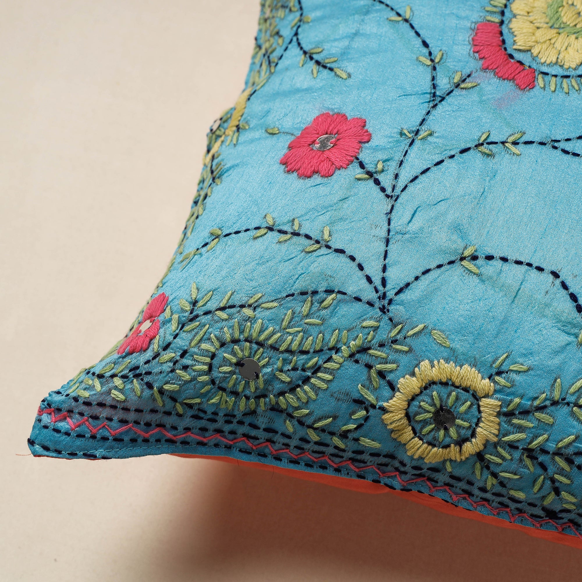 ITOKRI CRAFTS INITIATIVE Blue - Chanderi Silk Phulkari Hand Embroidered Cushion Cover - view 2