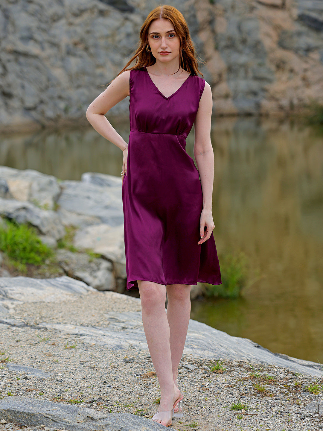 Freehand by The Indian Garage Co Women's Purple Fit and Flare Solid V neck Pinafore Dress - view 2