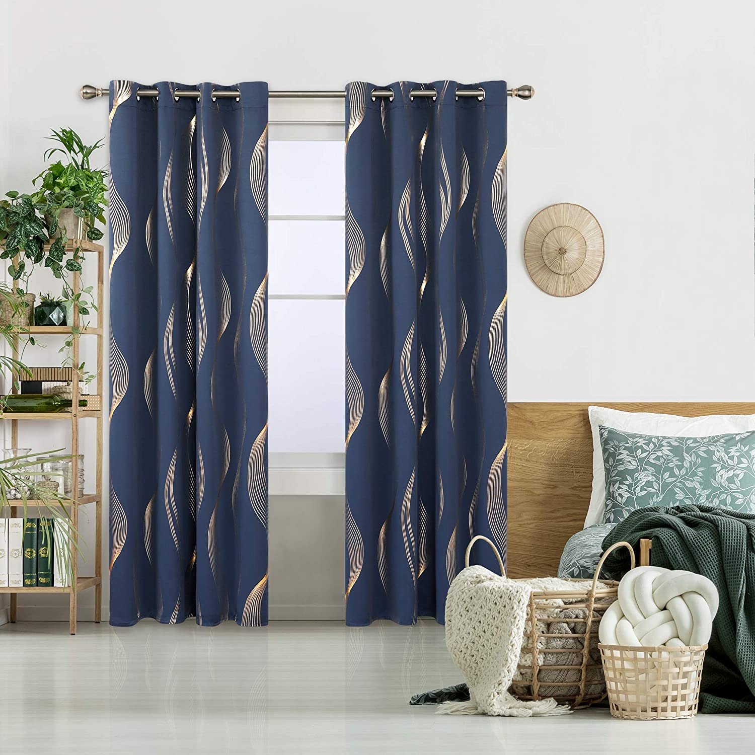 Urban Space -Home Furnishing Store Gold Foil Printed 80-85% Blackout Curtains - Pack of 1 Curtain - Double Wave - Navy Blue