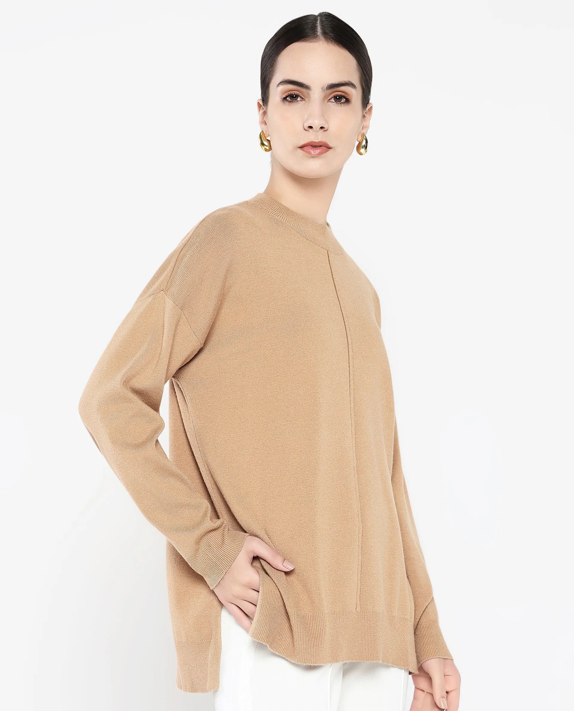 Rareism Women Omerli T Beige Oversized Fit Plain Sweater - view 4