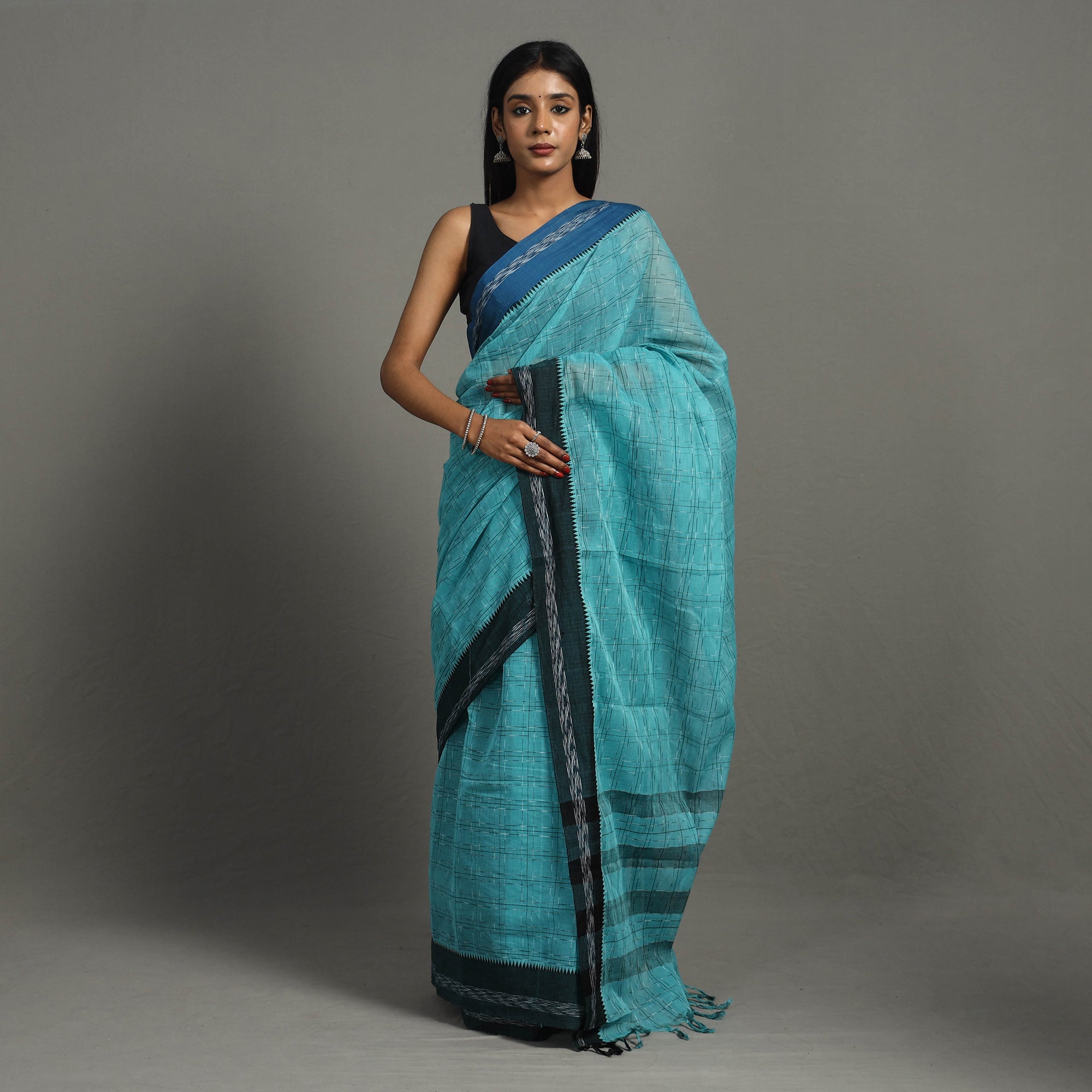 CREYO Blue - Checks Cotton Handloom Saree 43 – Women's