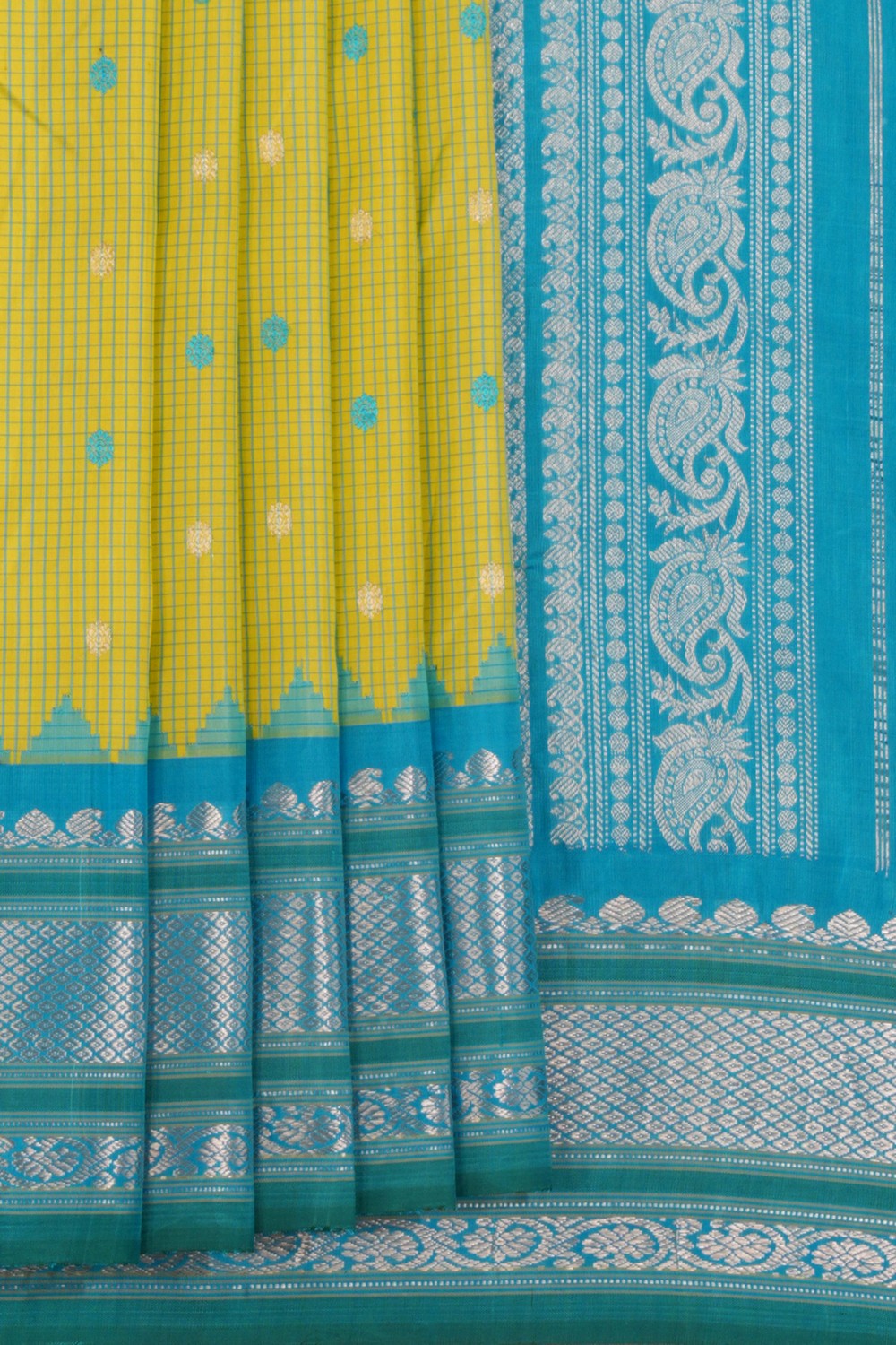 Kalanjali Gadwal Silk Spring Green Kattam Saree