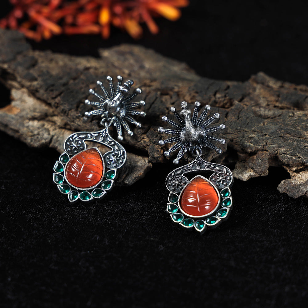 WHITE RIVER STORIES Antique Silver Finish Oxidized Special Brass Base Stone Work Earrings