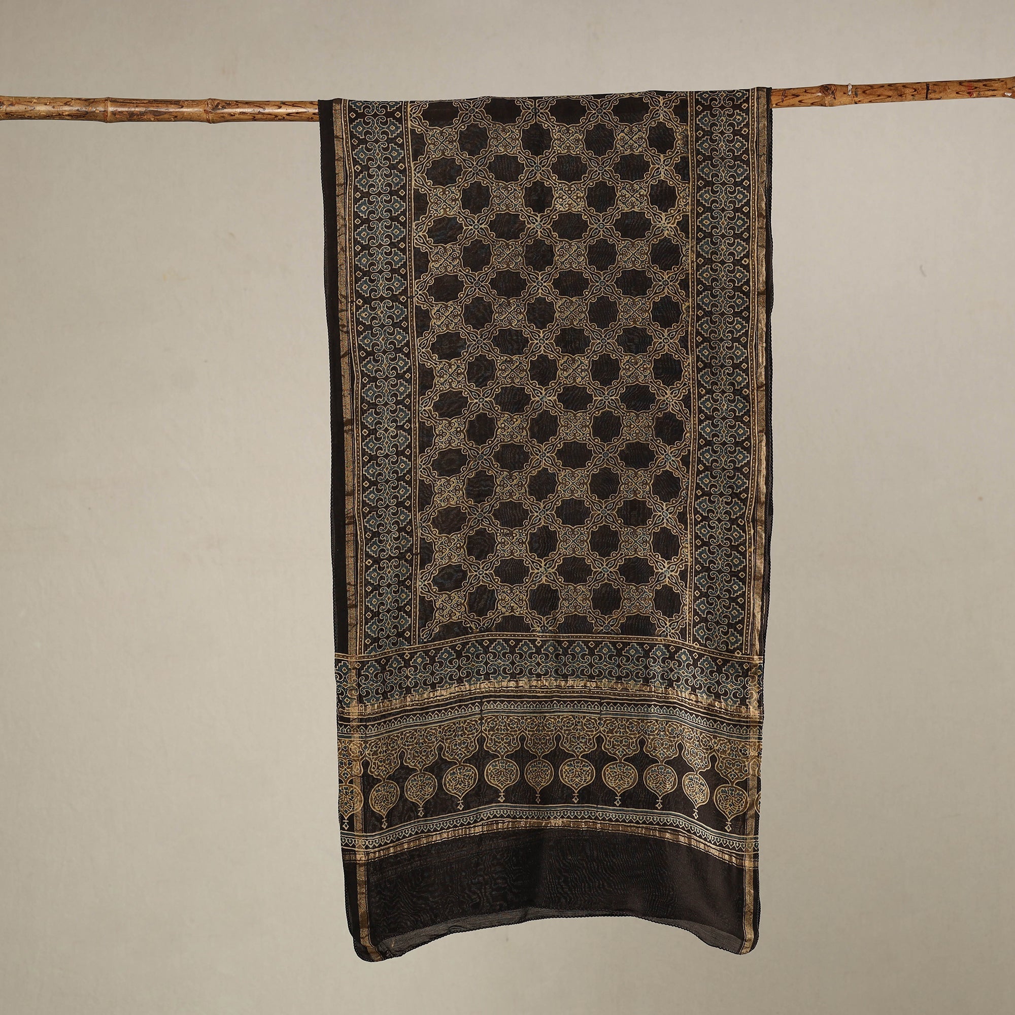 RIYAZ ABDULMAJID KHATRI - AJRAKH Brown - Handloom Chanderi Silk Block Printed Ajrakh Stole 10 - view 2