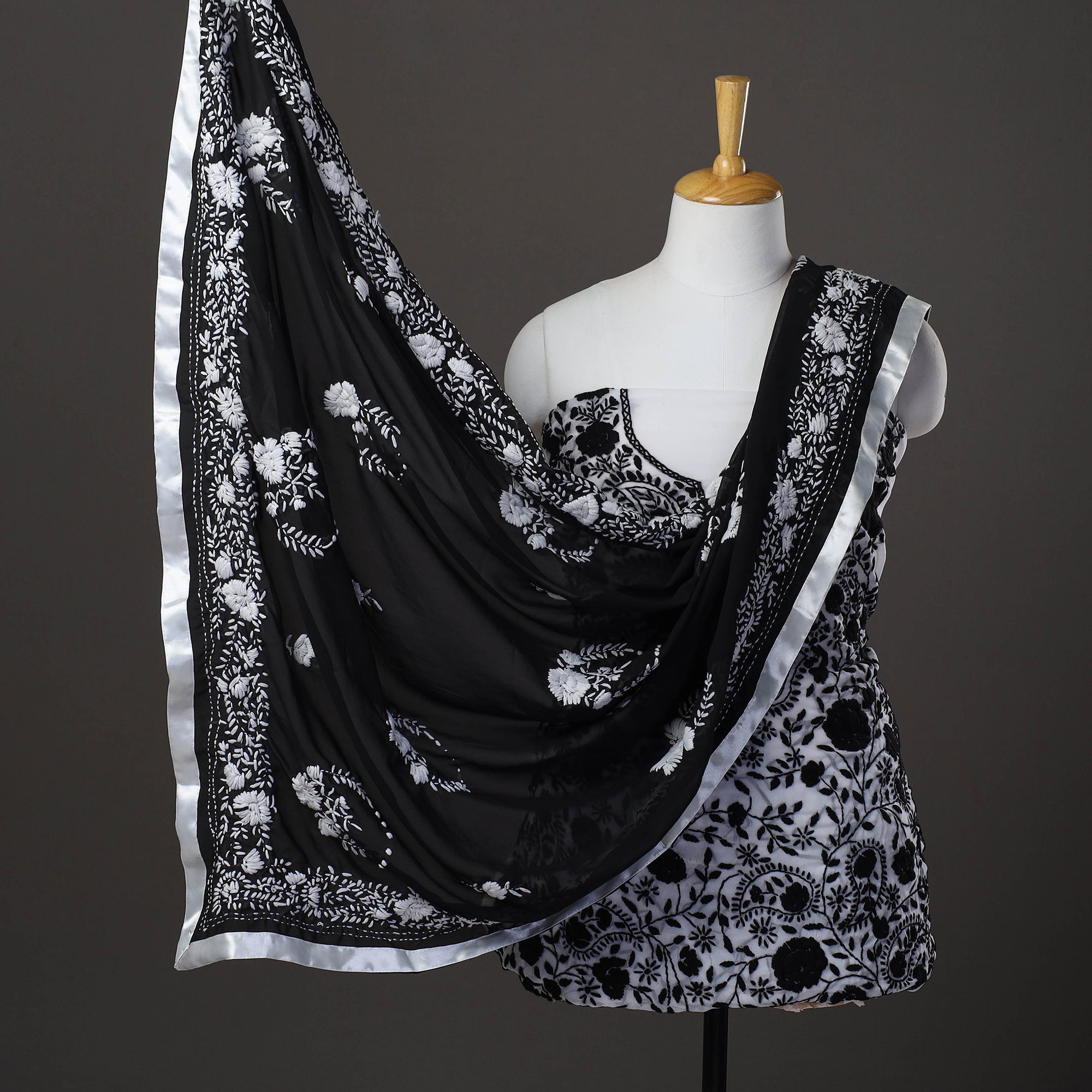 ITOKRI CRAFTS INITIATIVE Black - 3pc Hand Embroidery Georgette Phulkari Dress Material 01
