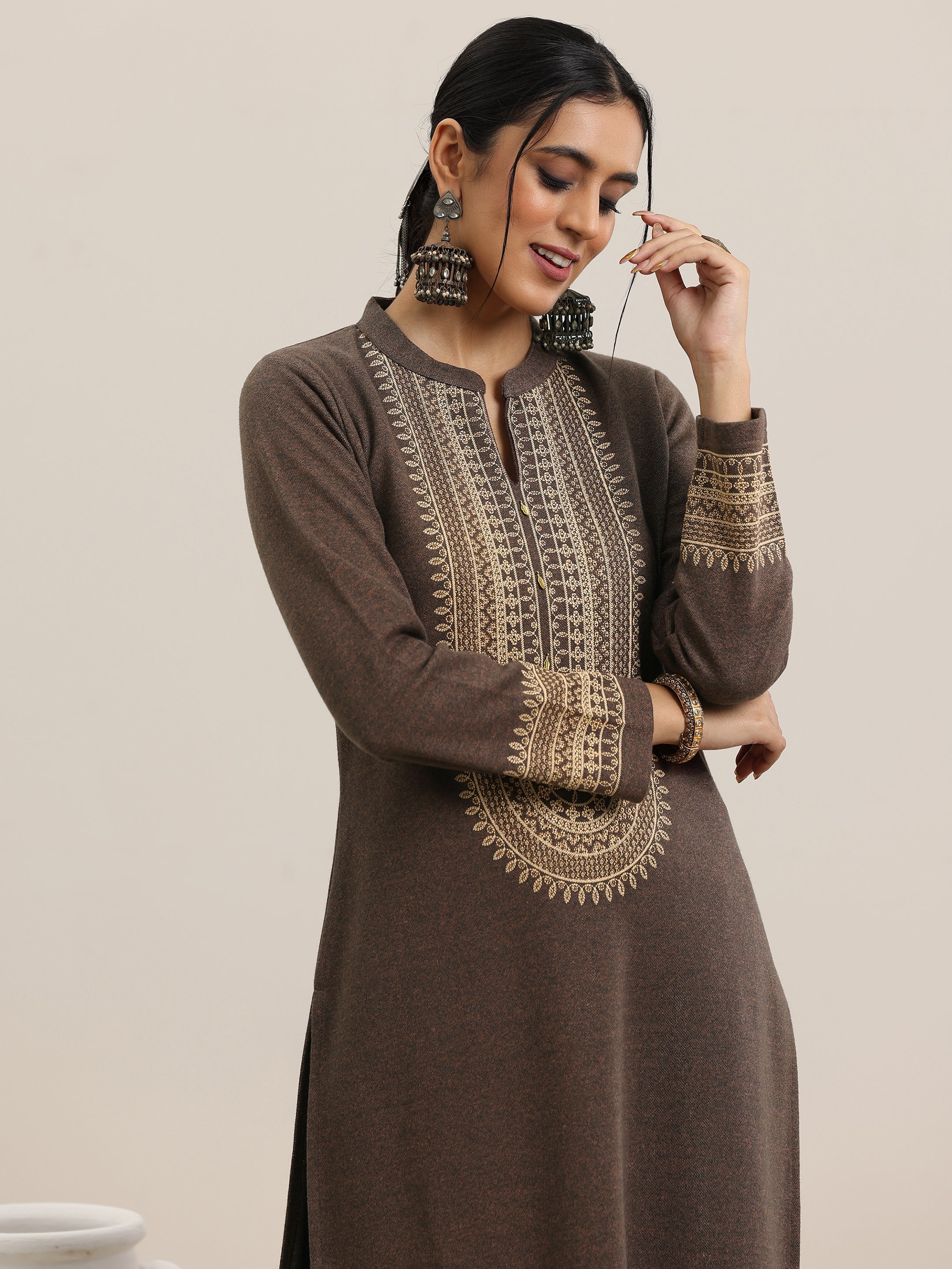 Libas Brown Yoke Design Wool Blend Straight Suit With Dupatta - view 6