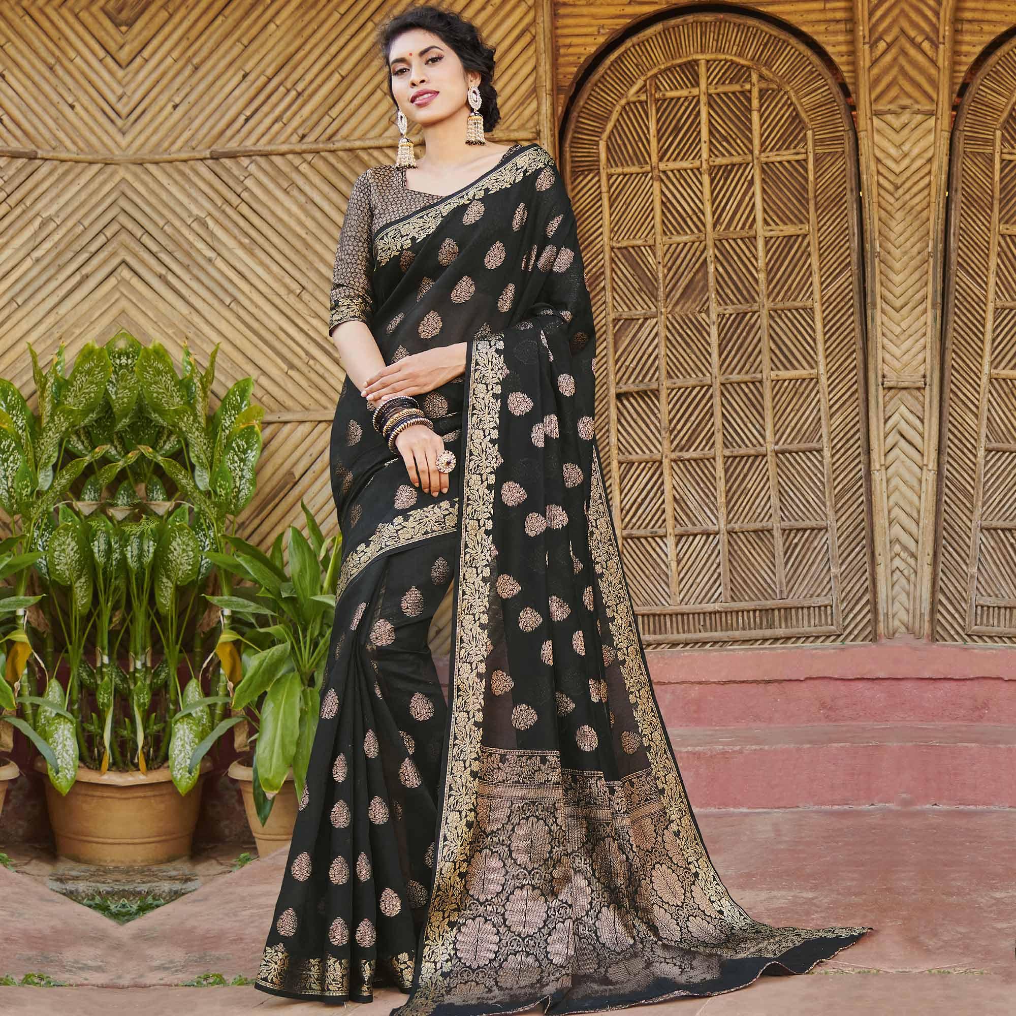 Peachmode Impressive Black Colored Festive Wear woven Handloom Silk Saree