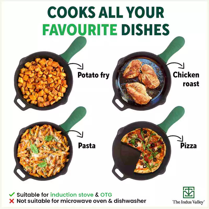 The Indus Valley Super Smooth Cast Iron Fry Pan, Silicon Handle, 100% Pure, Toxin-free,Pre-seasoned, Induction, Non-stick, 20.3/25.4cm, 1.3/1.7L, 2.3/ - view 11
