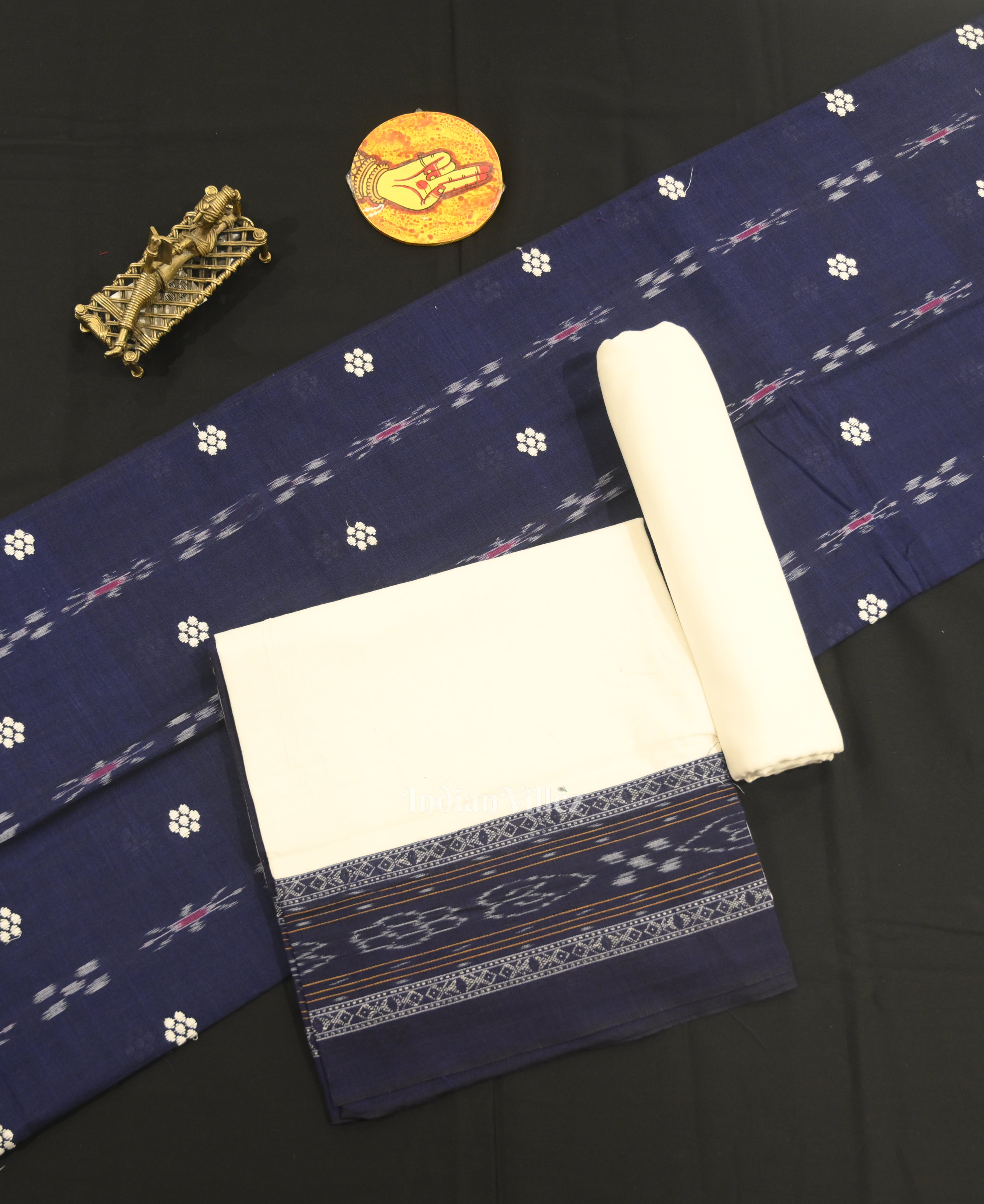IndianVillèz Navy Blue White Flower Buti Odisha Ikat Sambalpuri Dress Set & Dupatta