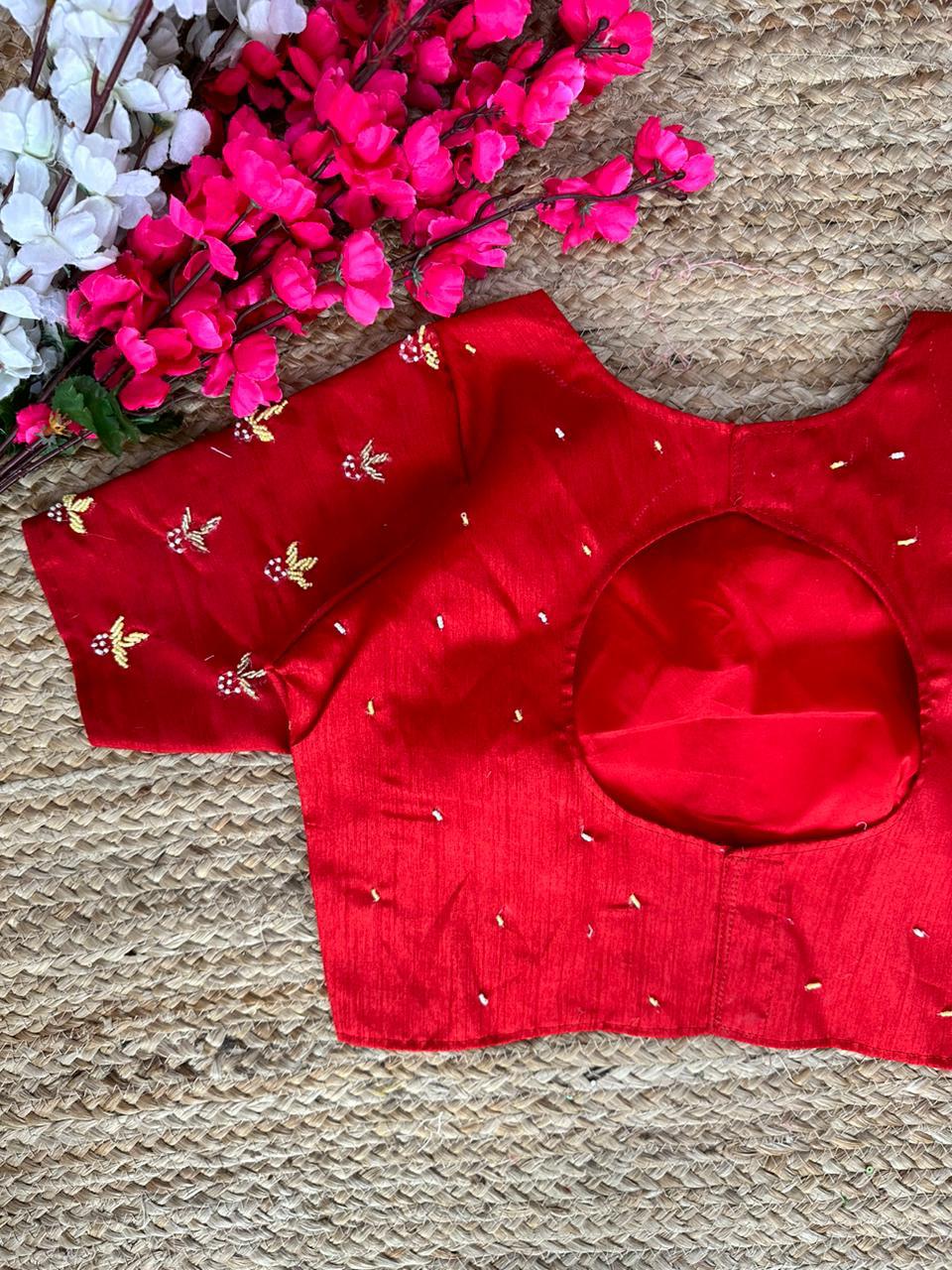 ClothsVilla Red Pearl-Embellished german silk Blouse with Handcrafted Golden Work
