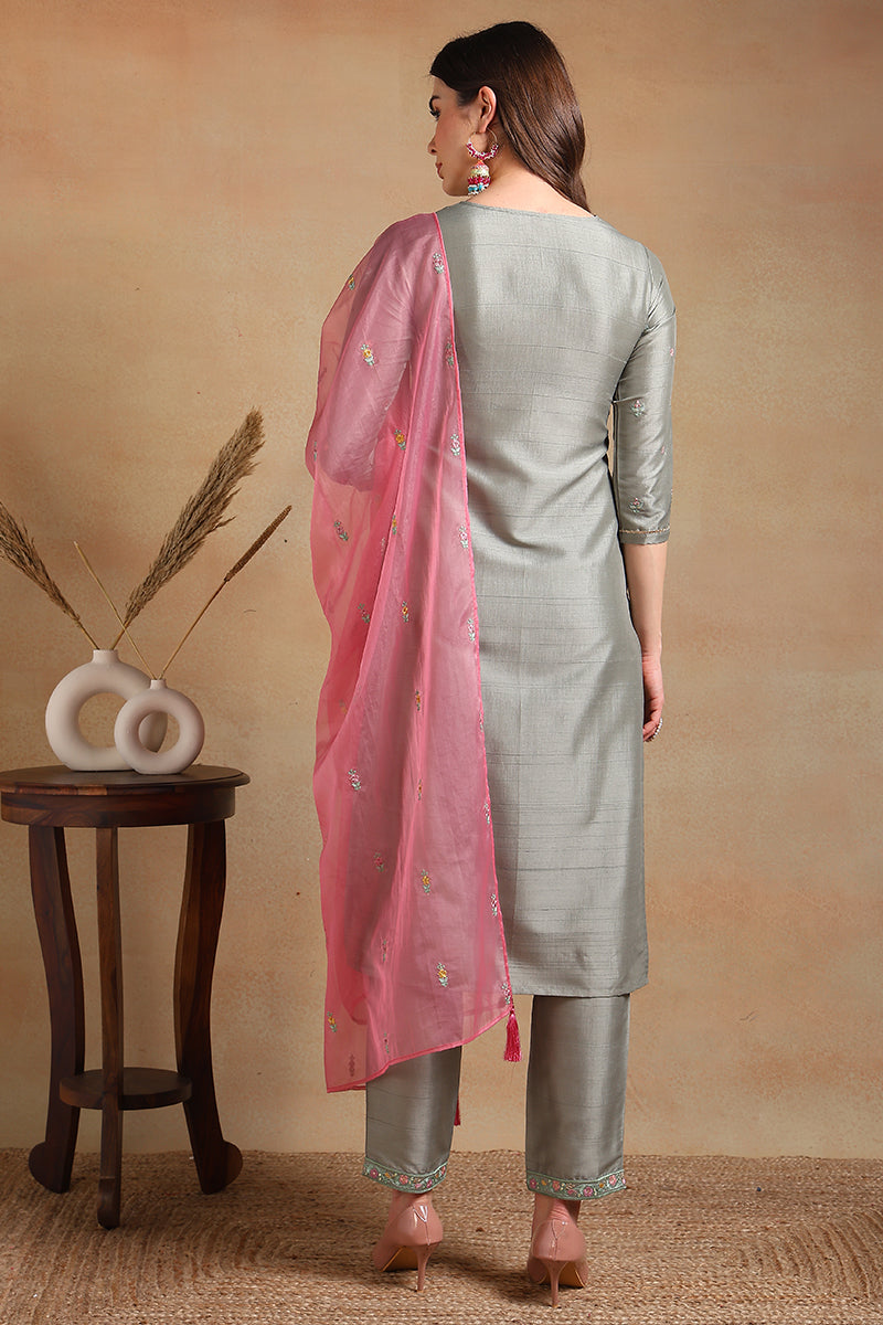 Ahika Grey Silk Blend Floral Embroidered Straight Trouser Suit Set PKSKD2339 - view 4