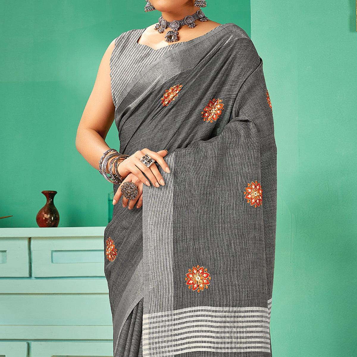 BlackTree grey-casual-wear-embroidered-linen-saree-134683 - view 2