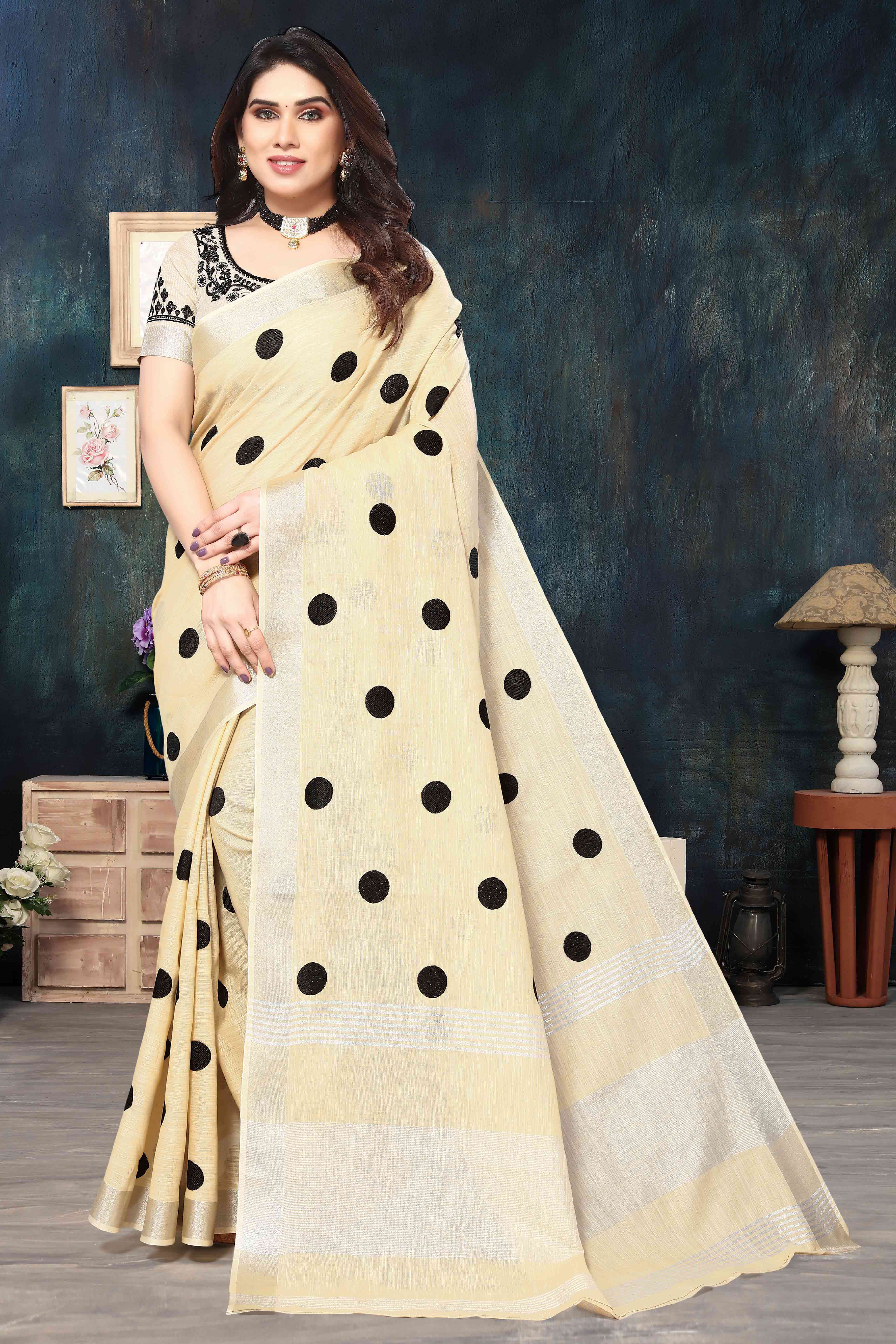 Peachmode Cream Embroidered Linen Cotton Saree With Zari Border