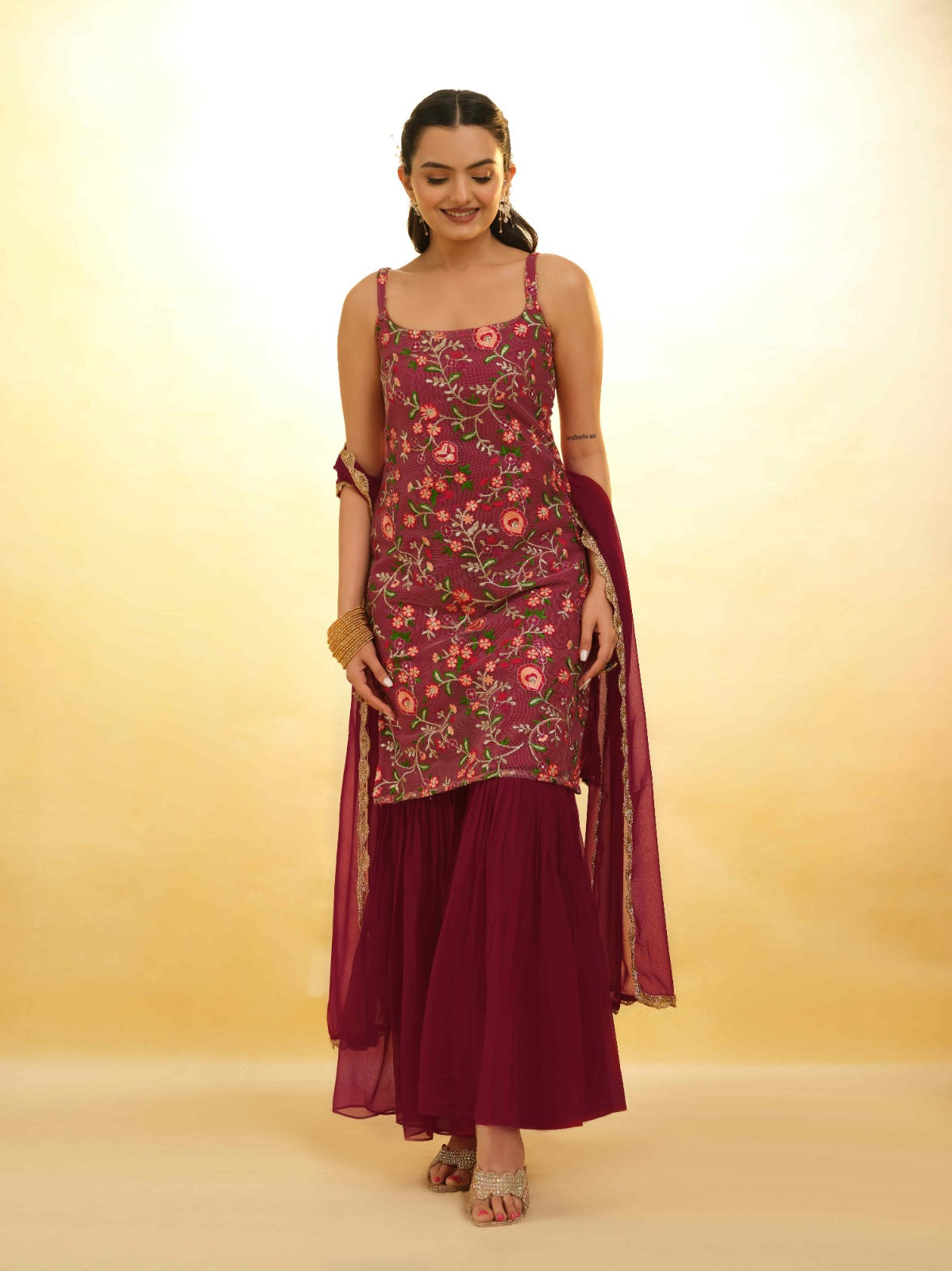 ClothsVilla Maroon Georgette Suit with Embroidery and Shantoon Bottom