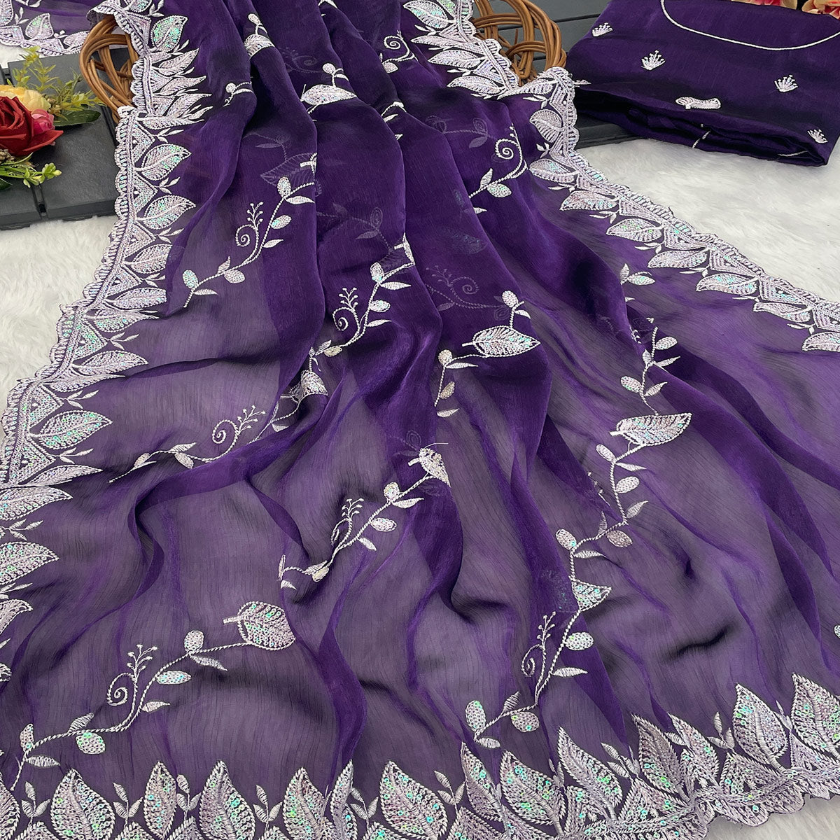 Peachmode Purple Sequins Embroidered Chiffon Saree - view 2
