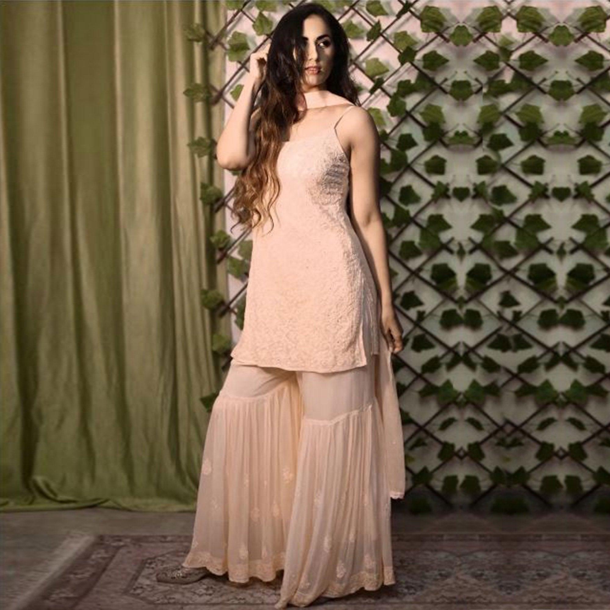 Peachmode Seller Light Peach Lucknowi Embroidered Georgette Sharara Suit - view 2