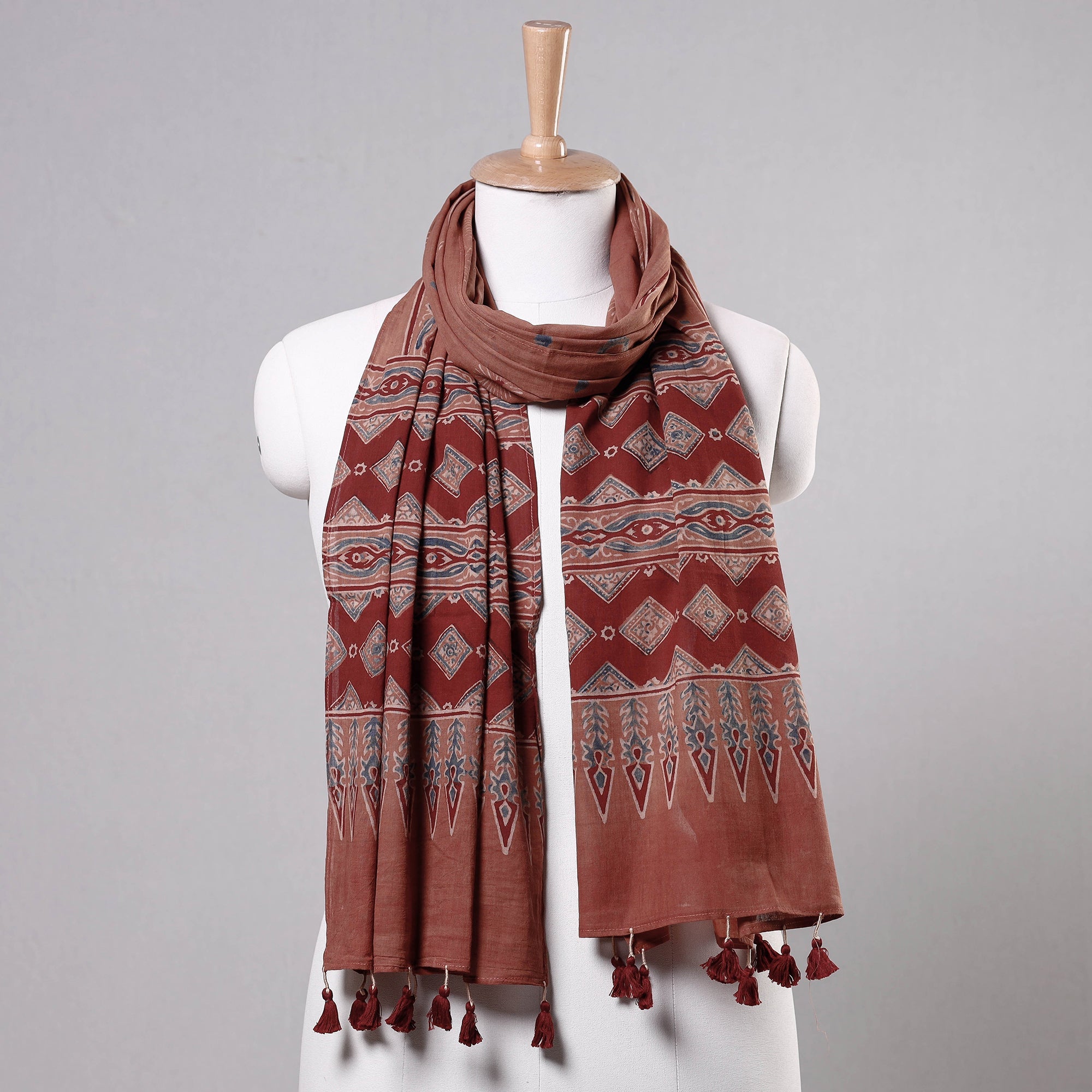 RIYAZ ABDULMAJID KHATRI - AJRAKH Brown - Ajrakh Block Printed Mul Cotton Stole with Tassels