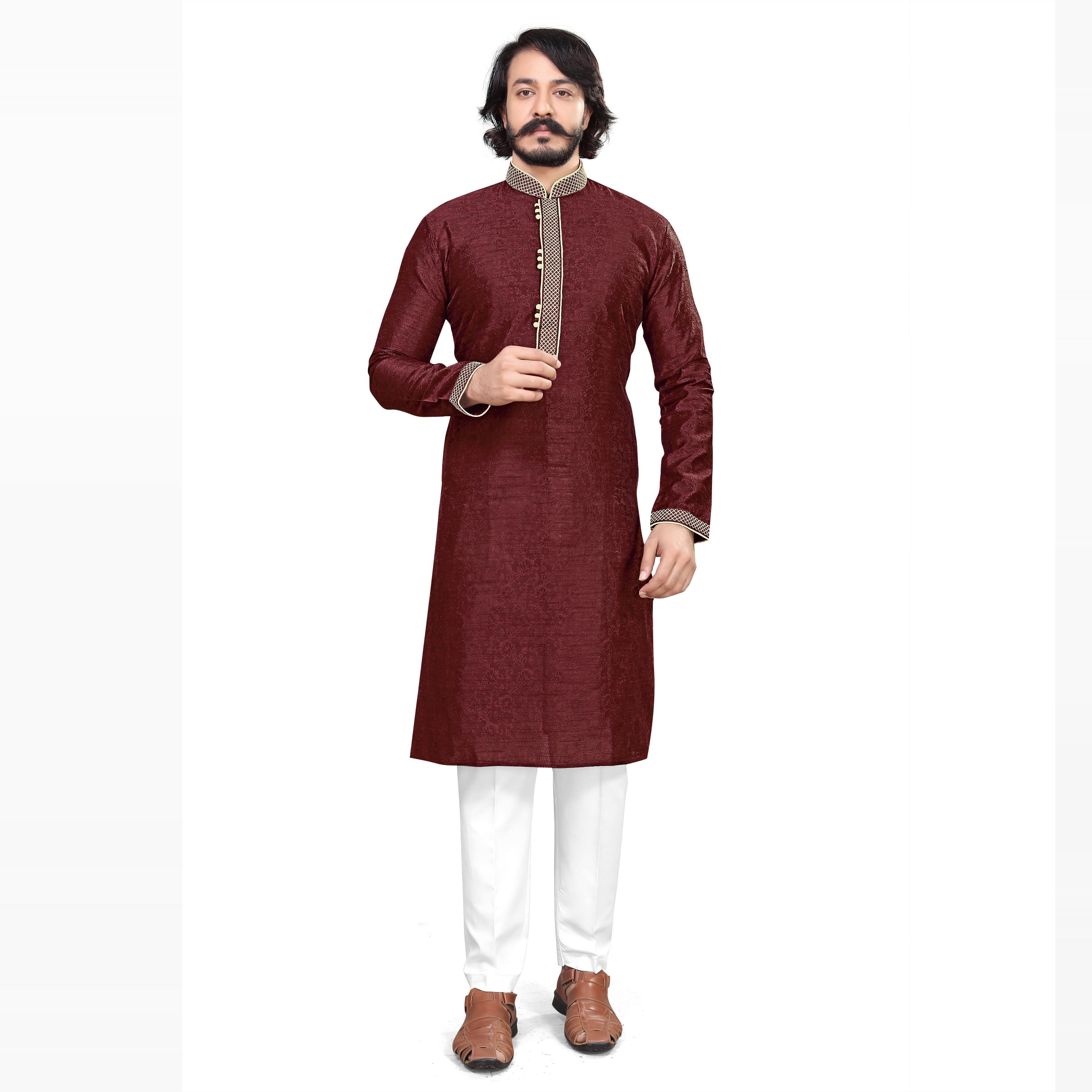 Peachmode Seller Maroon Woven Jacquard Men's Kurta Pyjama Set