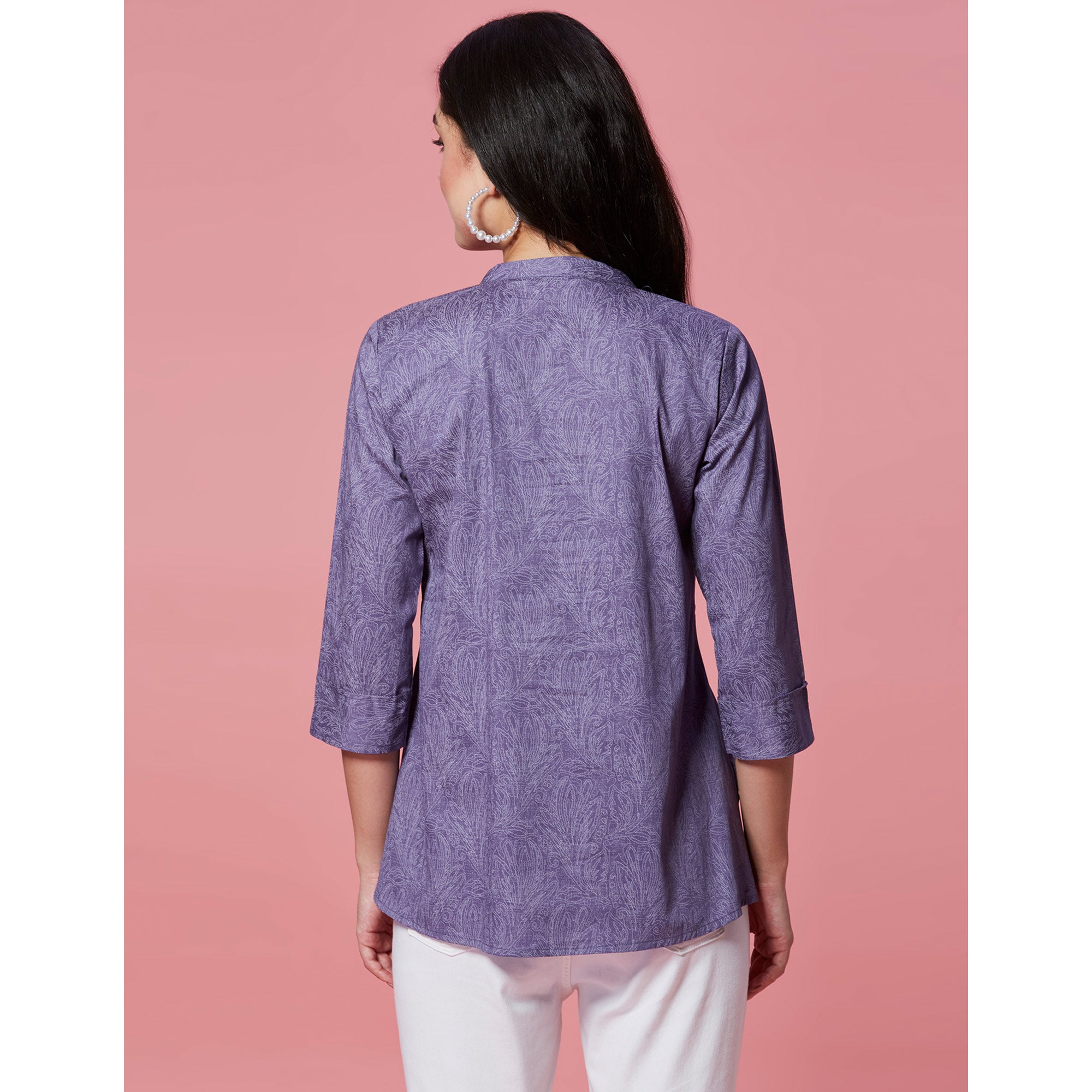 Peachmode Dark Purple Printed Pure Cotton A-Line Top - view 6