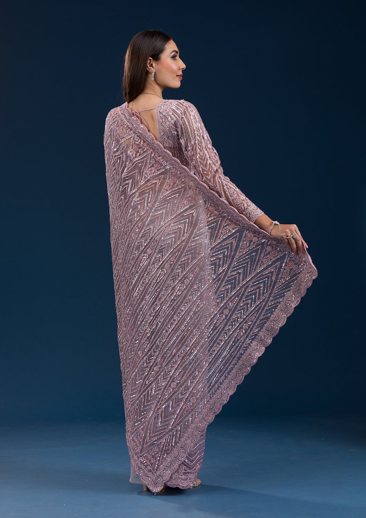 Koskii Onion Pink Sequins Net Saree – Women's - view 2