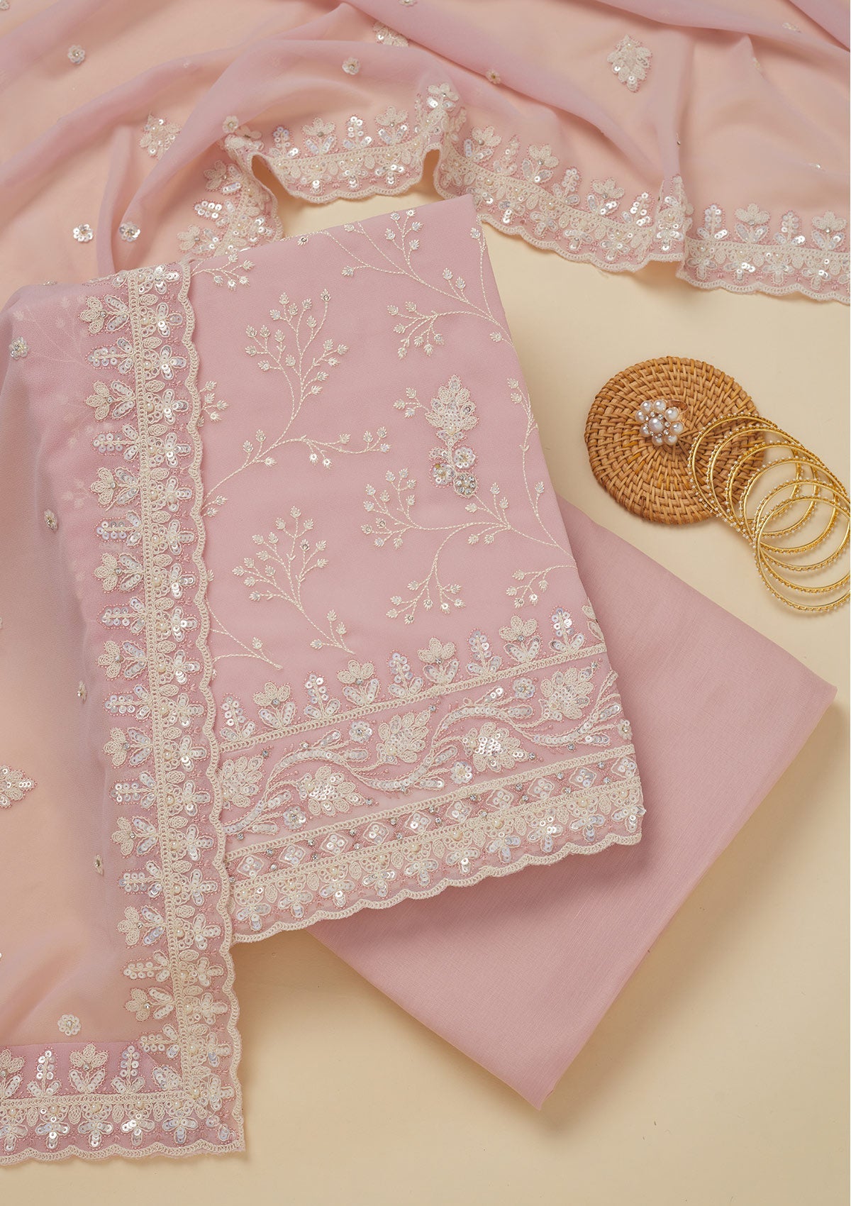 Koskii Baby Pink Sequins Georgette Unstitched Salwar Suit