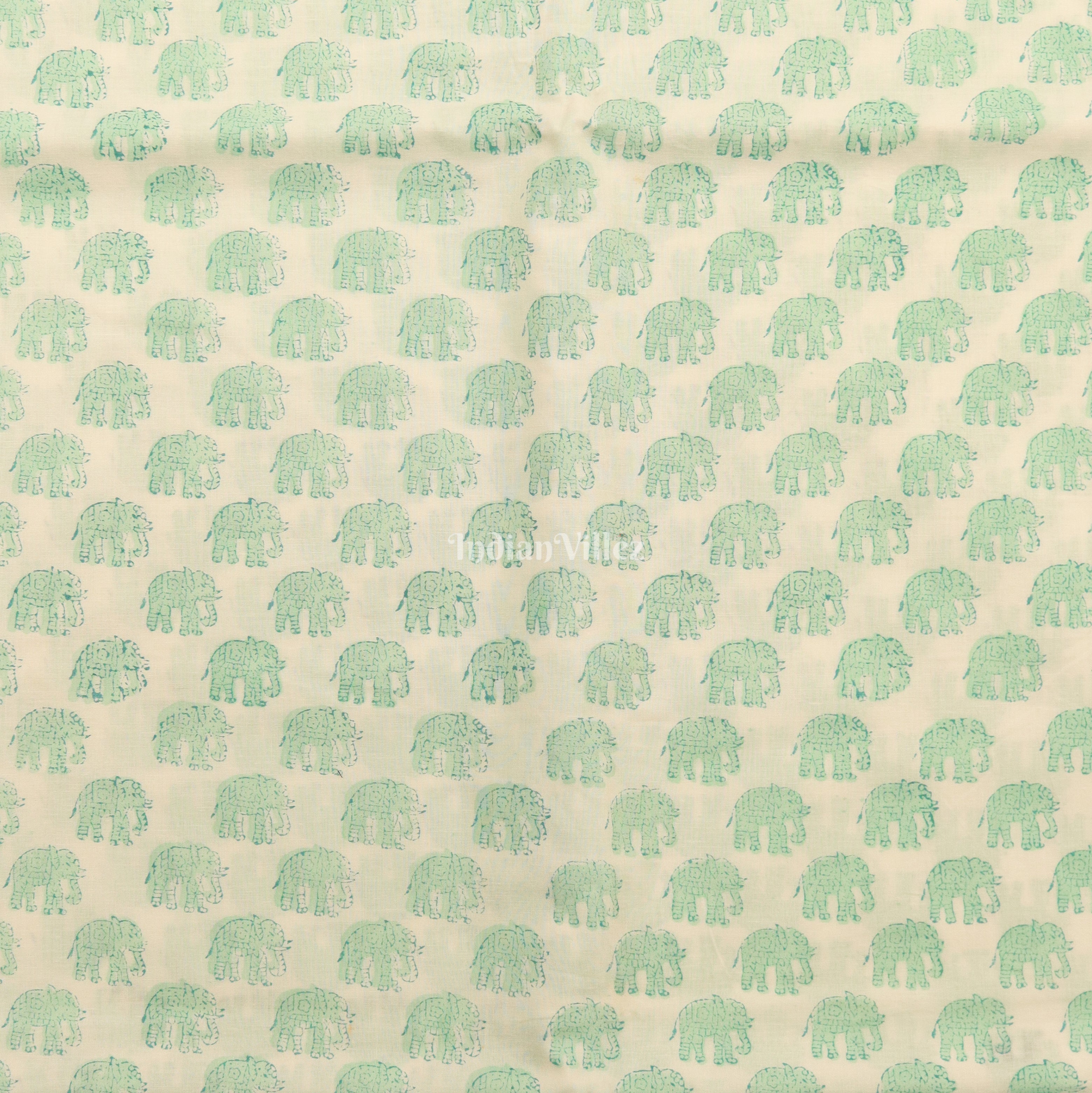 IndianVillèz White Green Elephant Hand Block Printed Cotton Fabric - view 2