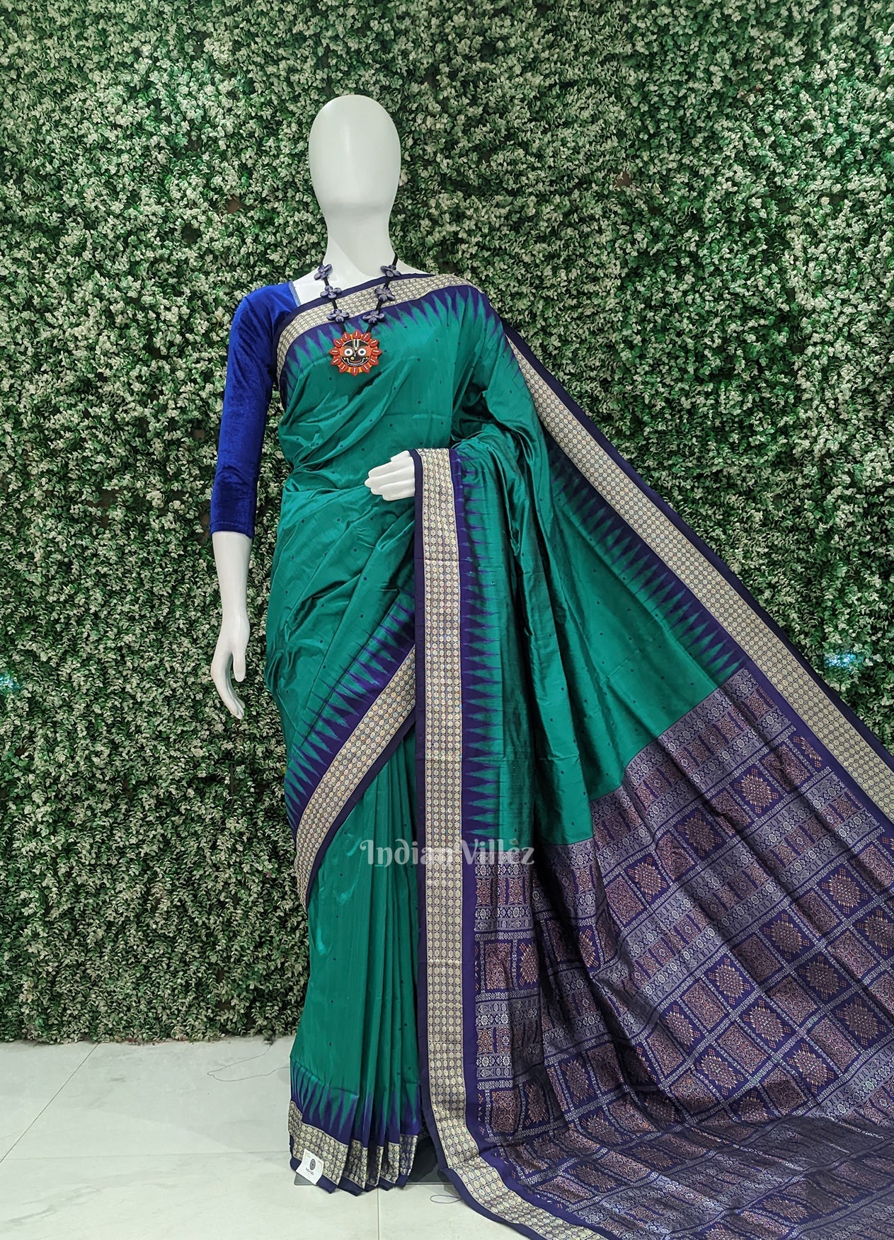 IndianVillèz Green Blue Buti Bomkai Sambalpuri Silk Saree