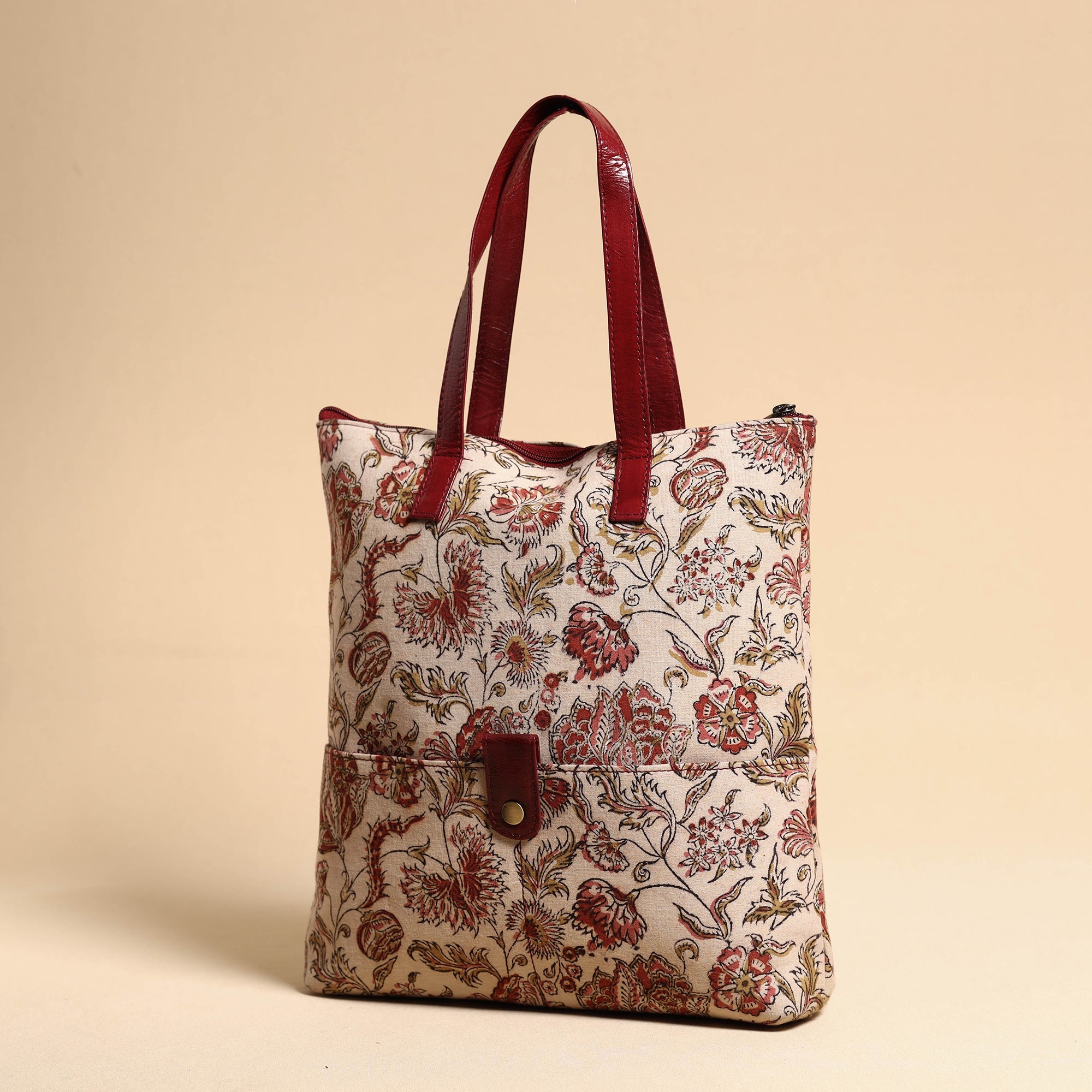 ASALKAAR Beige - Handcrafted Kalamkari Block Printed Hand Bag with Leather Handle - view 2