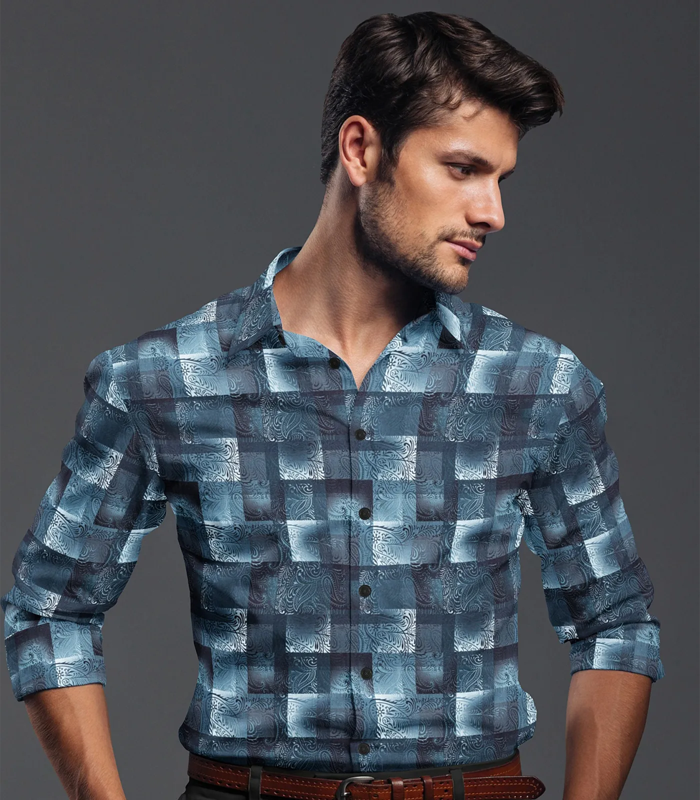 RmKV Blue Tonal Checked Paisley Printed Formal Shirt-Blue - view 3