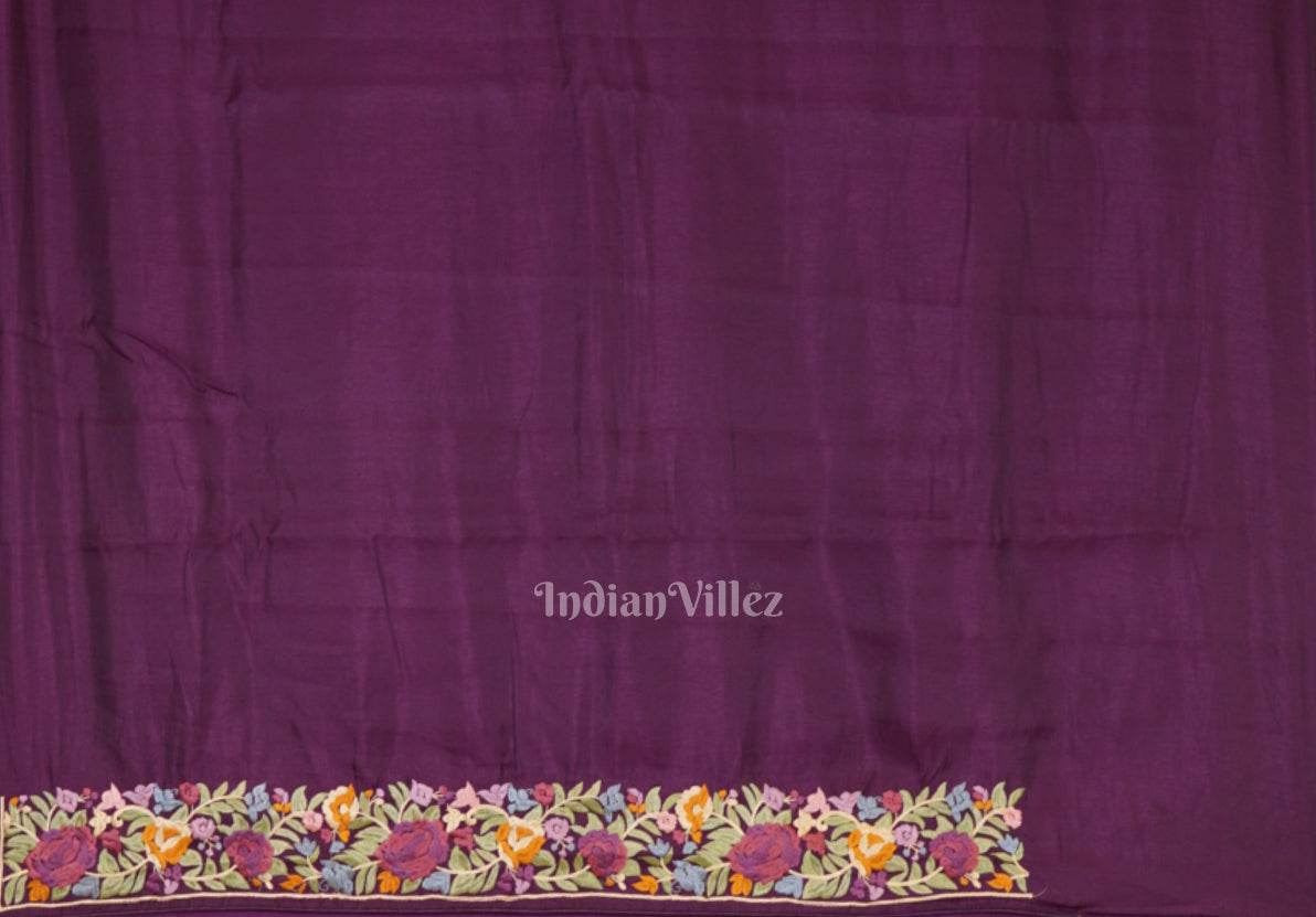 IndianVillèz Maroon Parsi Gara Floral Motif Hand Embroidered Saree - view 4