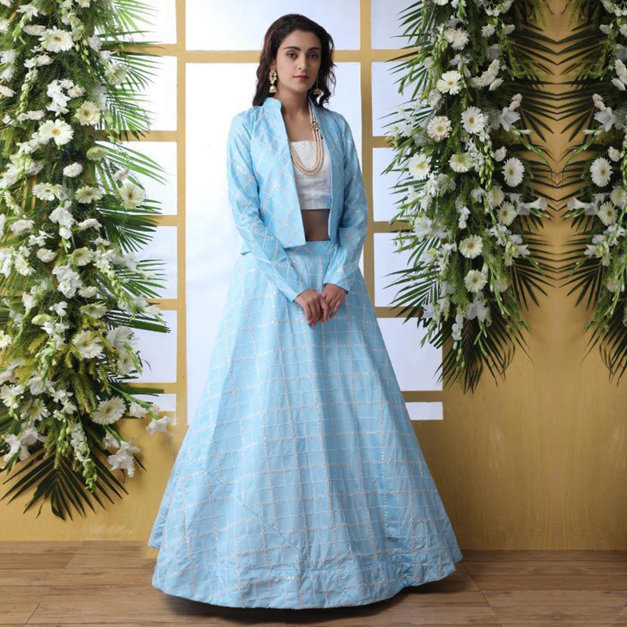 Peachmode Capricious Sky Blue Colored Party Wear Embroidered Art Silk Lehenga Choli With Koti