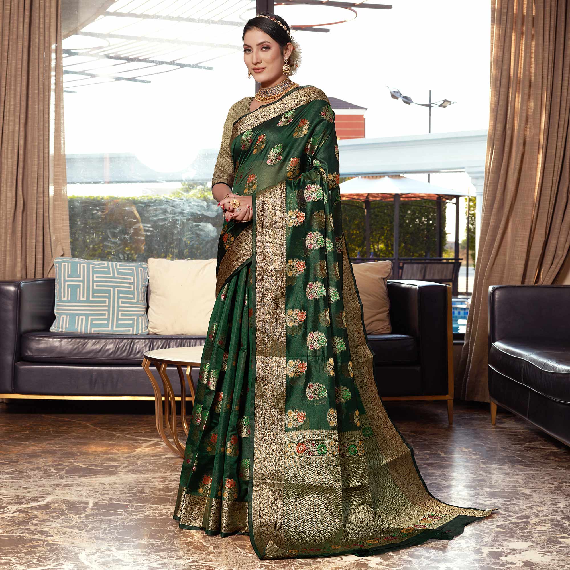 Peachmode Bottle Green Floral Woven Organza Saree - view 2