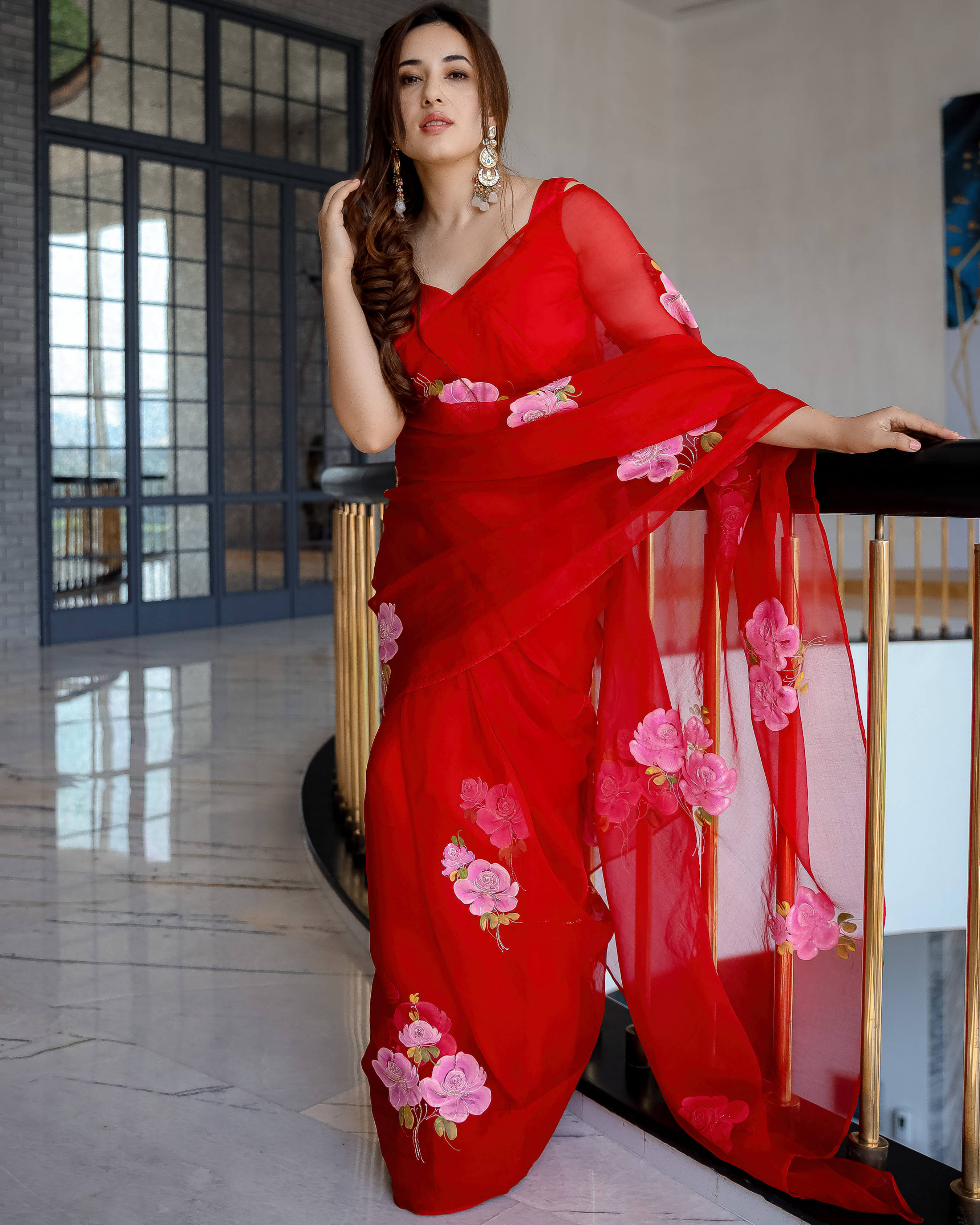 Aachho Red Old Love Embellished Handpainted Organza Silk Saree