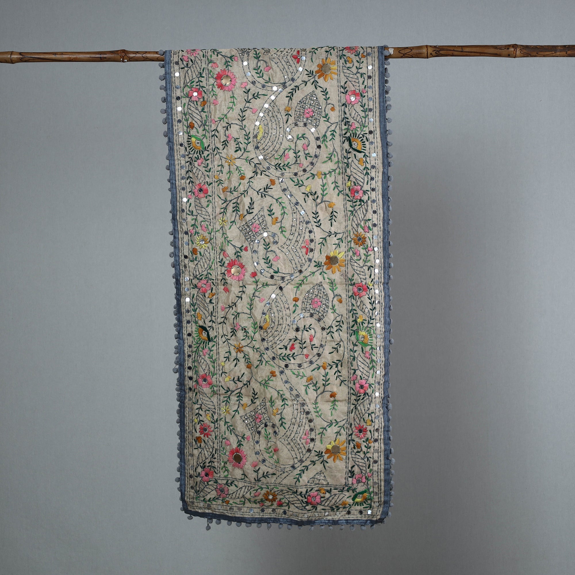 ITOKRI CRAFTS INITIATIVE Grey - Ranihati Chanderi Silk Phulkari Embroidered Stole 123 - view 2