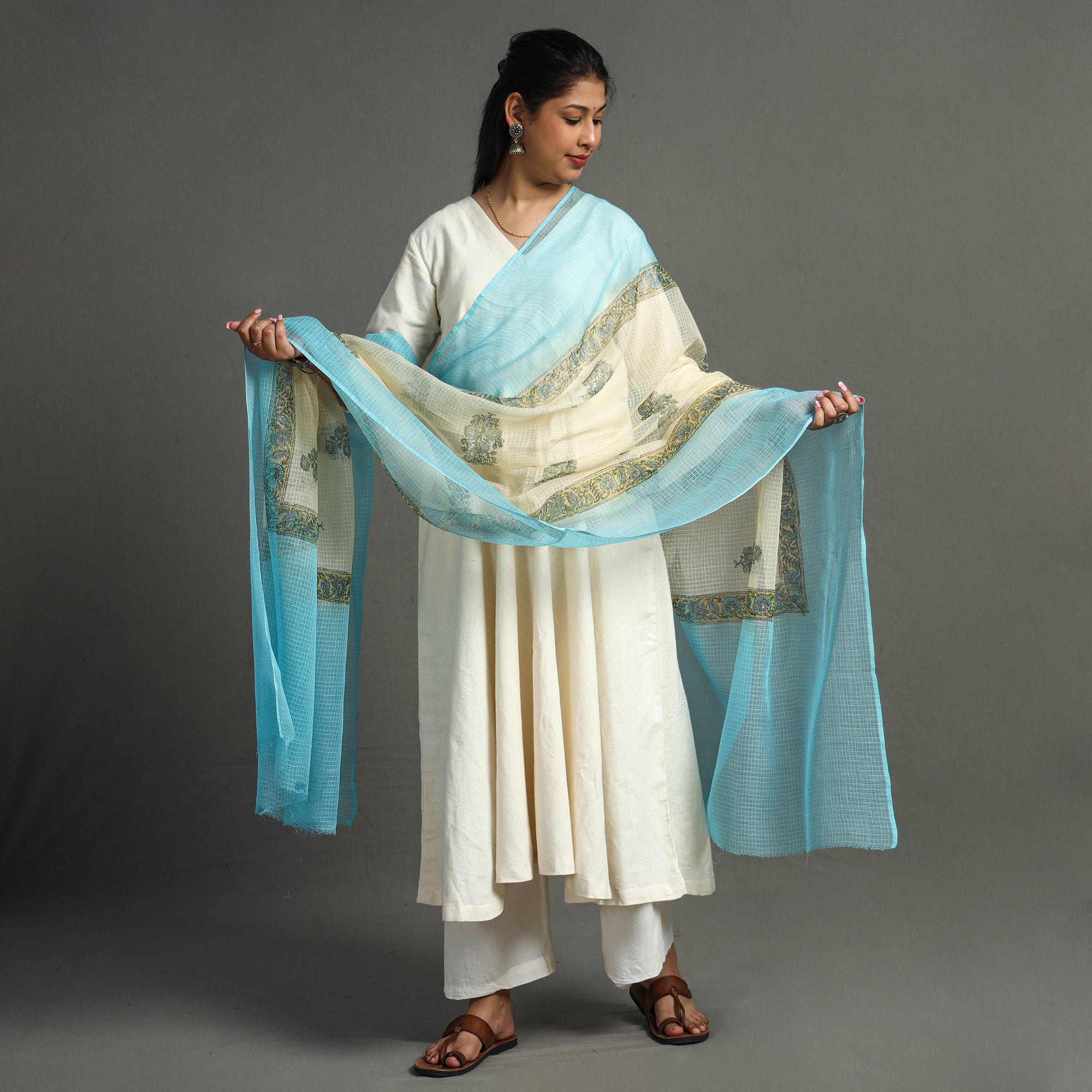 HAVELI CHRONICLES Blue - Block Printed Kota Doria Cotton Sanganeri Dupatta 50