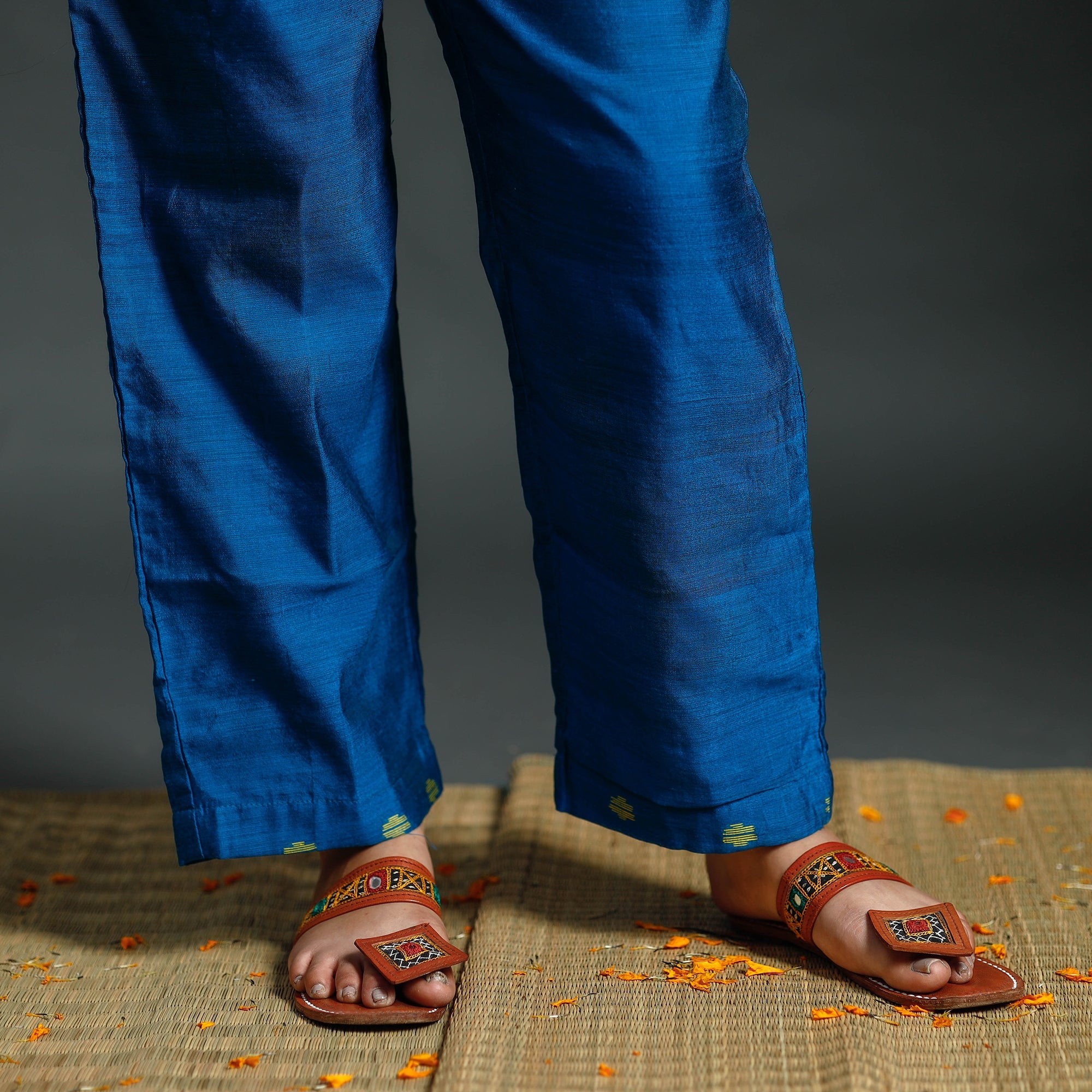 ITOKRI CASUALS Mustard & Blue - Phulia Jamdani Handloom Silk Cotton Kurta with Palazzo & Dupatta Set - view 6
