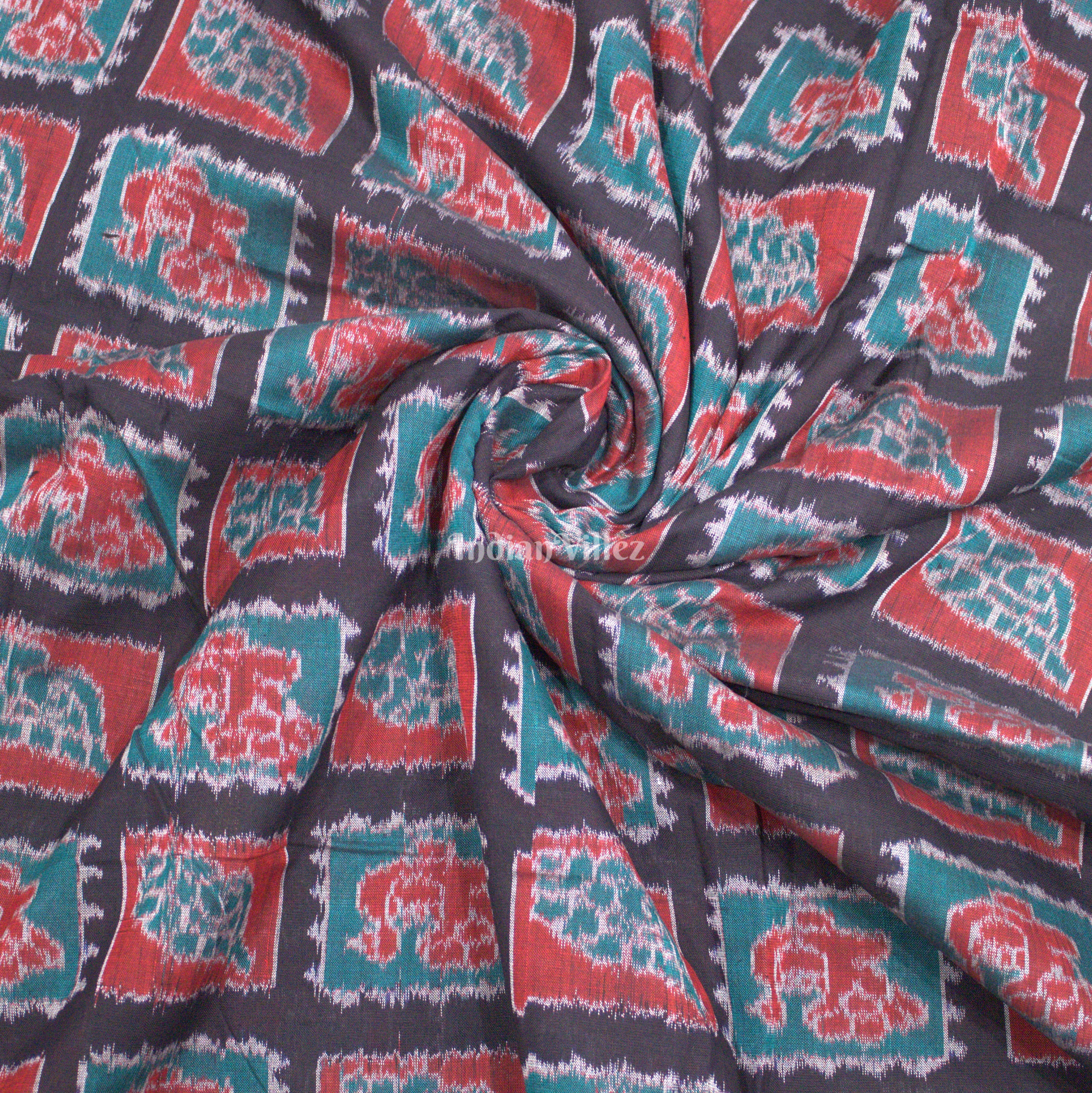 IndianVillèz Black Sankha Theme Sambalpuri Ikat Cotton Fabric