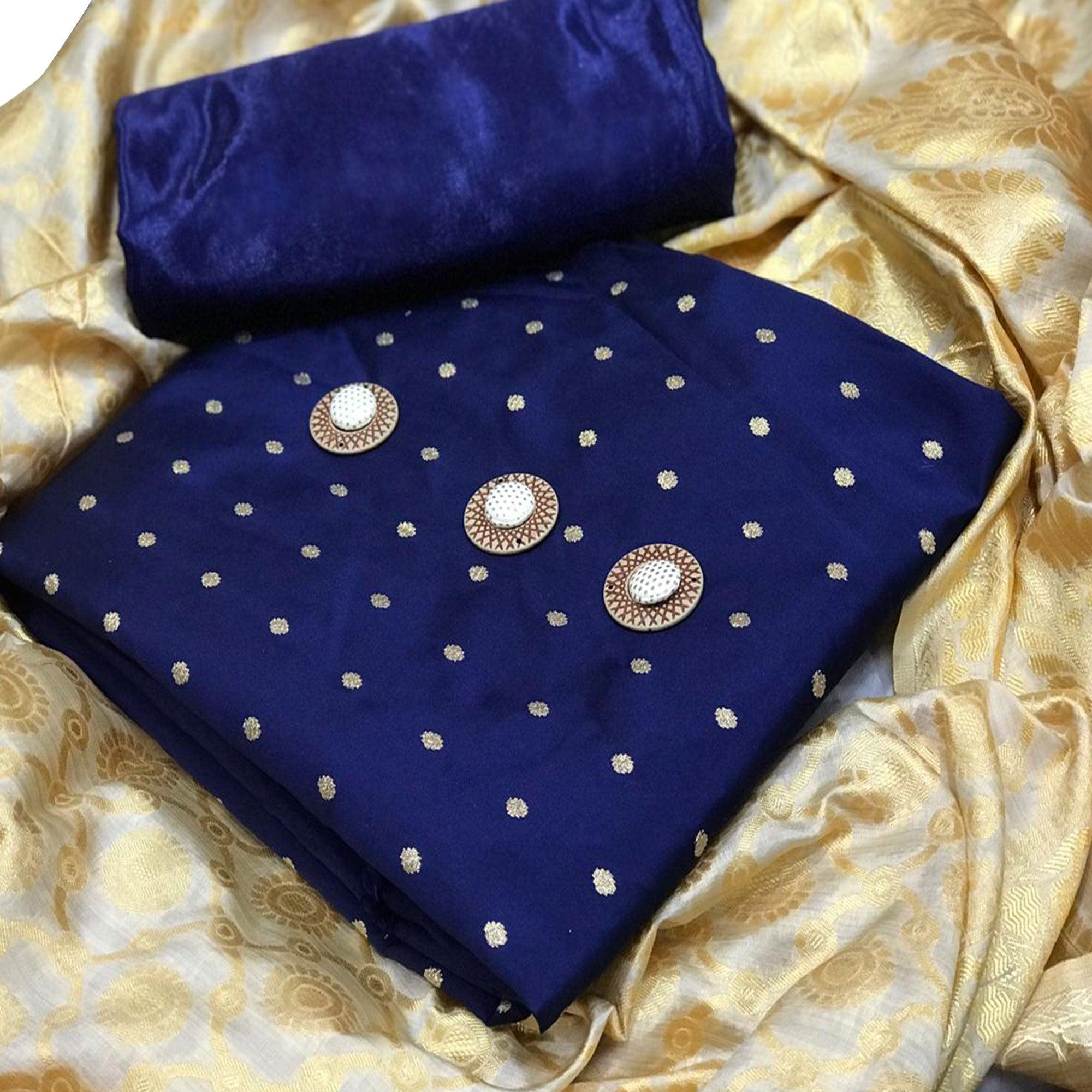 Navy sarees – BlackTree glowing-navy-blue-colored-festive-wear-woven-satin-dress-material-with-banarasi-silk-dupatta