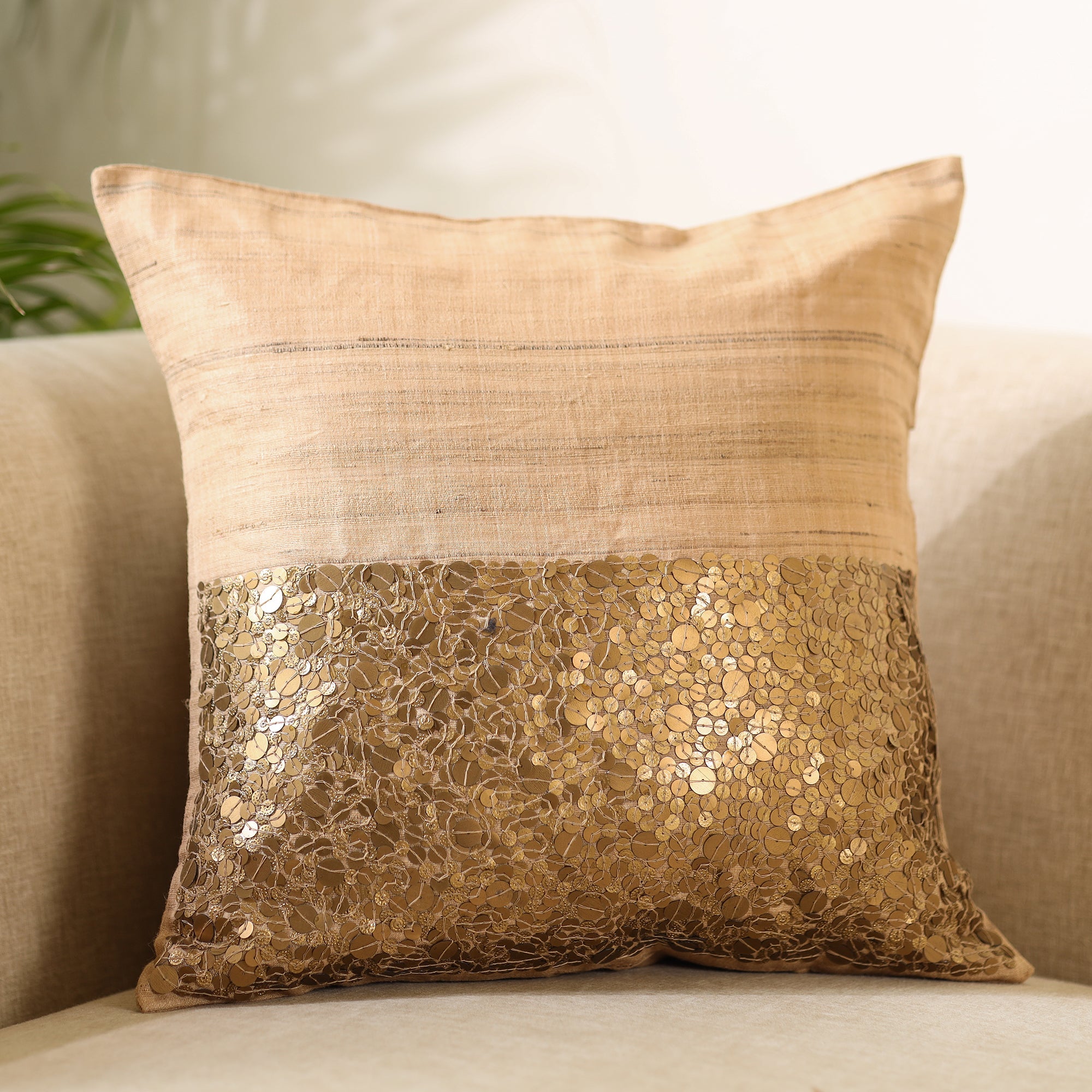 CHHATTISGARH HASTSHILP VIKAS BOARD Brown - Aari Embroidery Sequin Work Mercerised Ghicha Silk Cushion Cover (16 x 16 in) - view 2