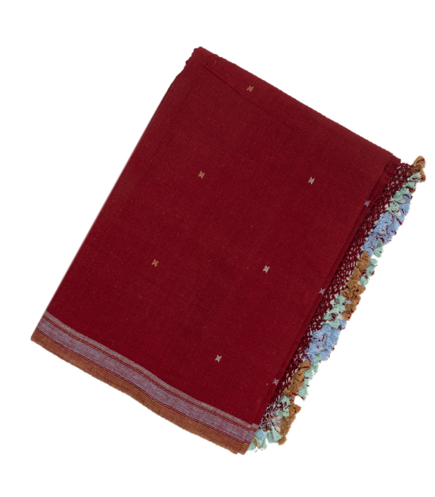 RmKV Crimson Handloom Bhujodi Cotton Saree With Cross Buttas