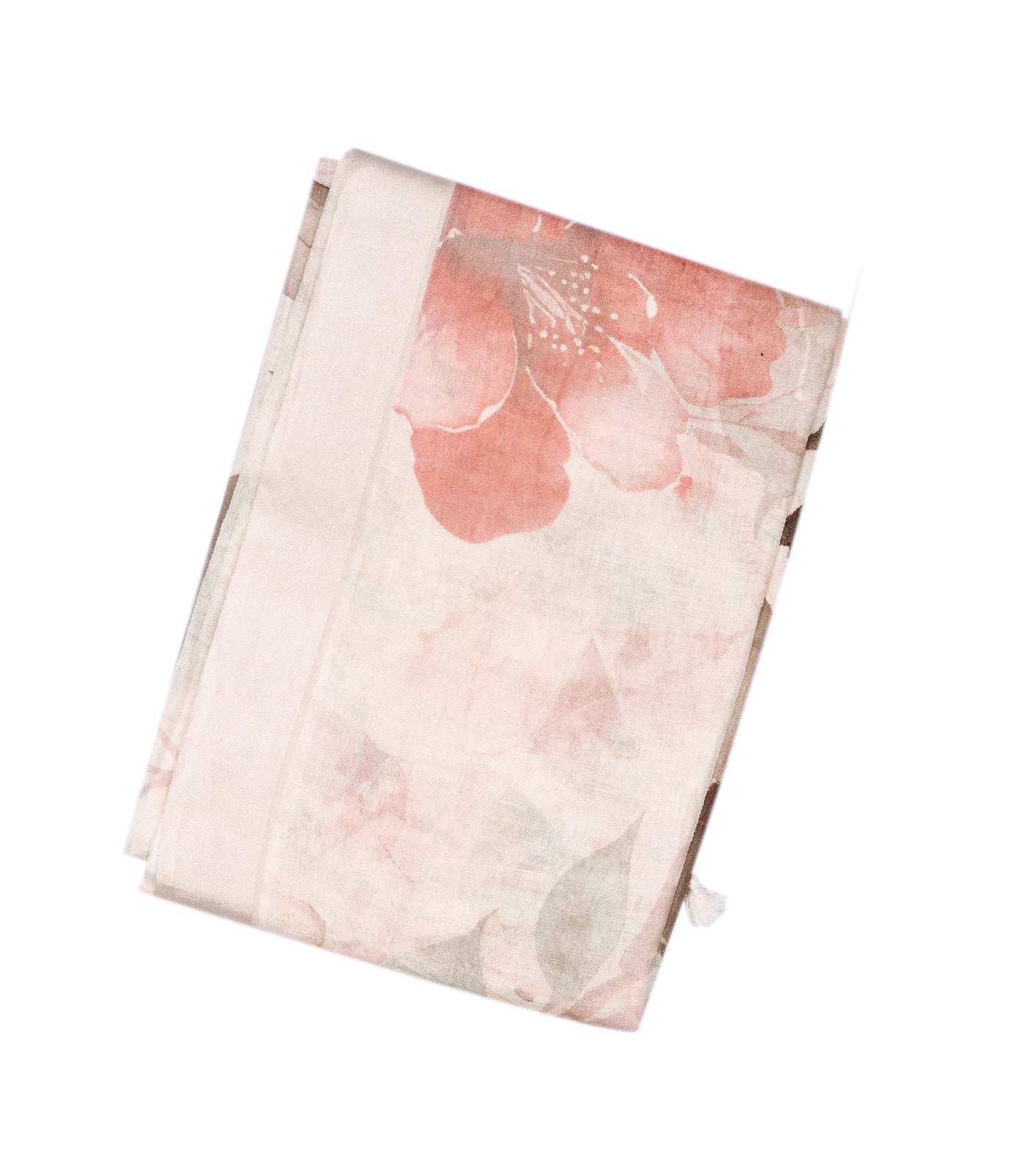 RmKV Light Peach Handloom Linen Saree With Printed Flowers