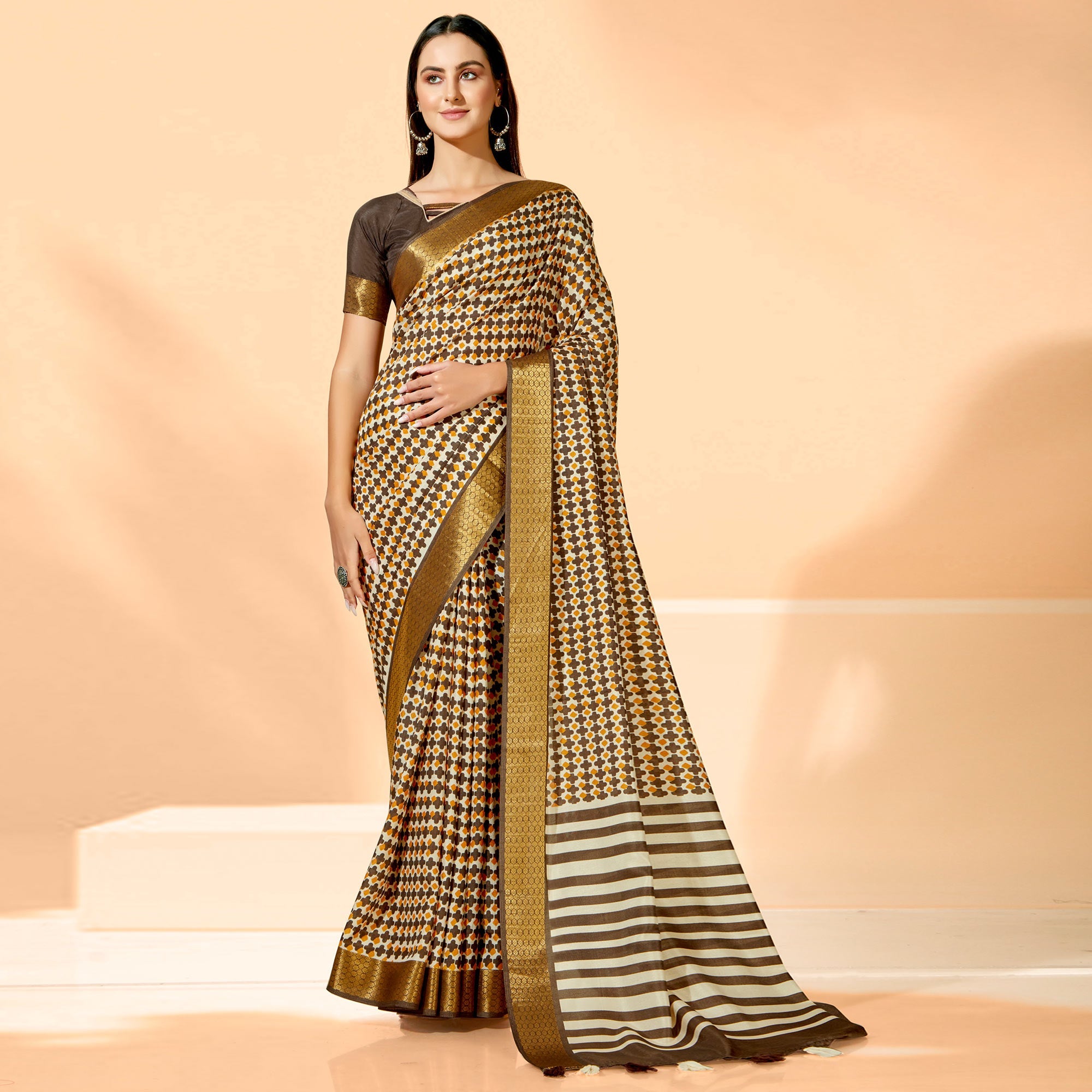 Peachmode Coffee Brown Printed Dola Silk Saree With Tassels