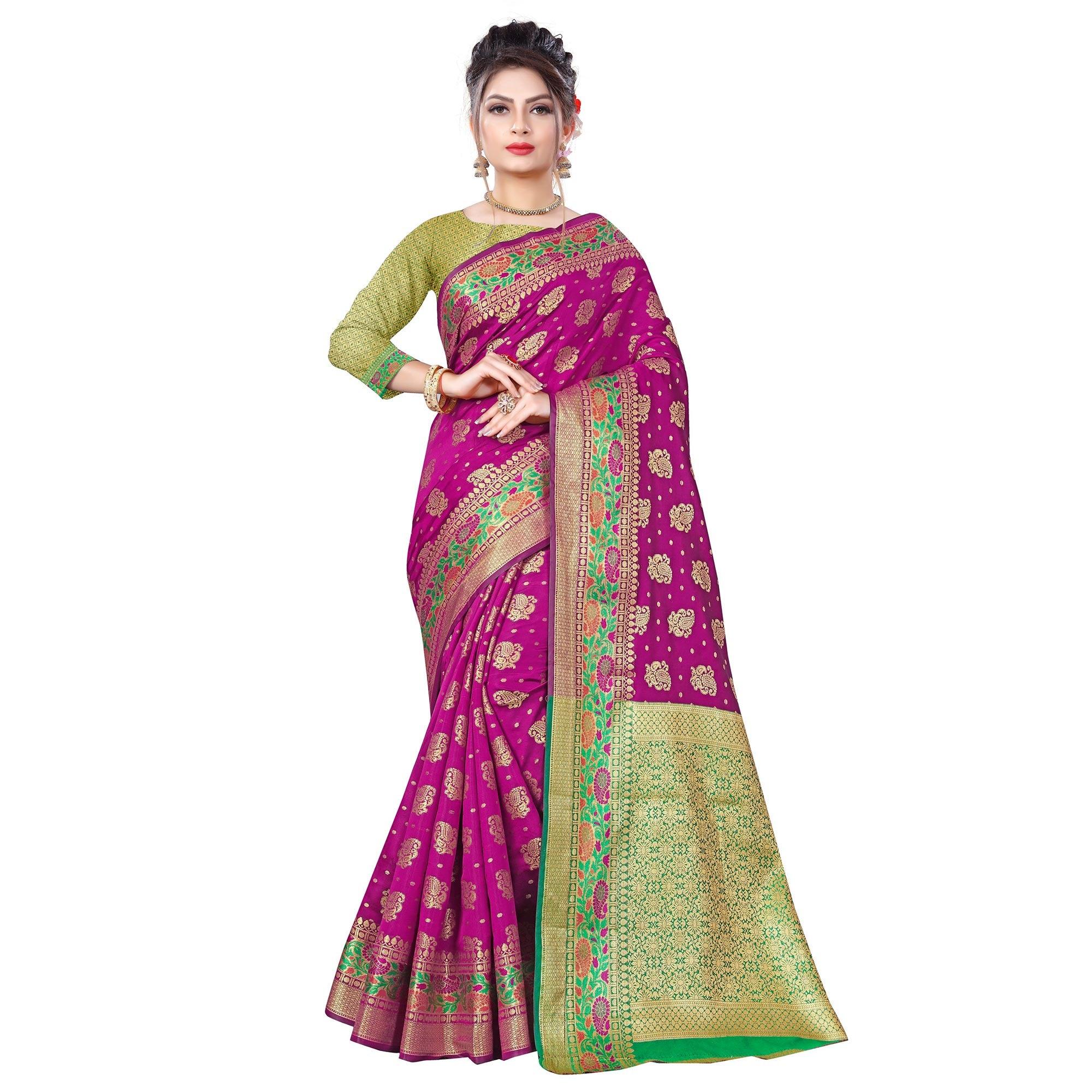 Peachmode Breathtaking Dark Pink Colored Festive Wear Woven Banarasi Silk Saree
