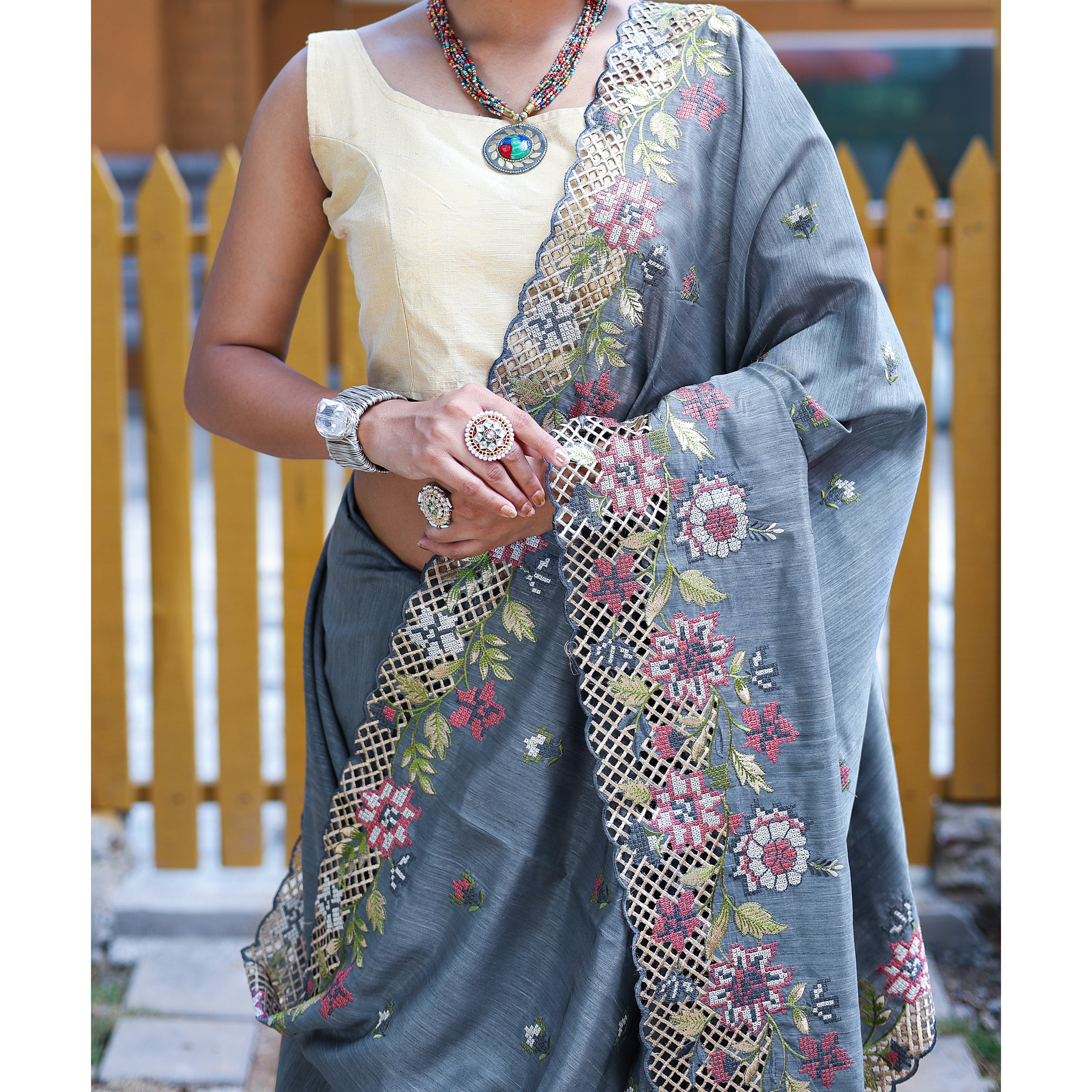 TASARIKA COUTURE Apeksha Grey Silk Handwork Saree - view 4