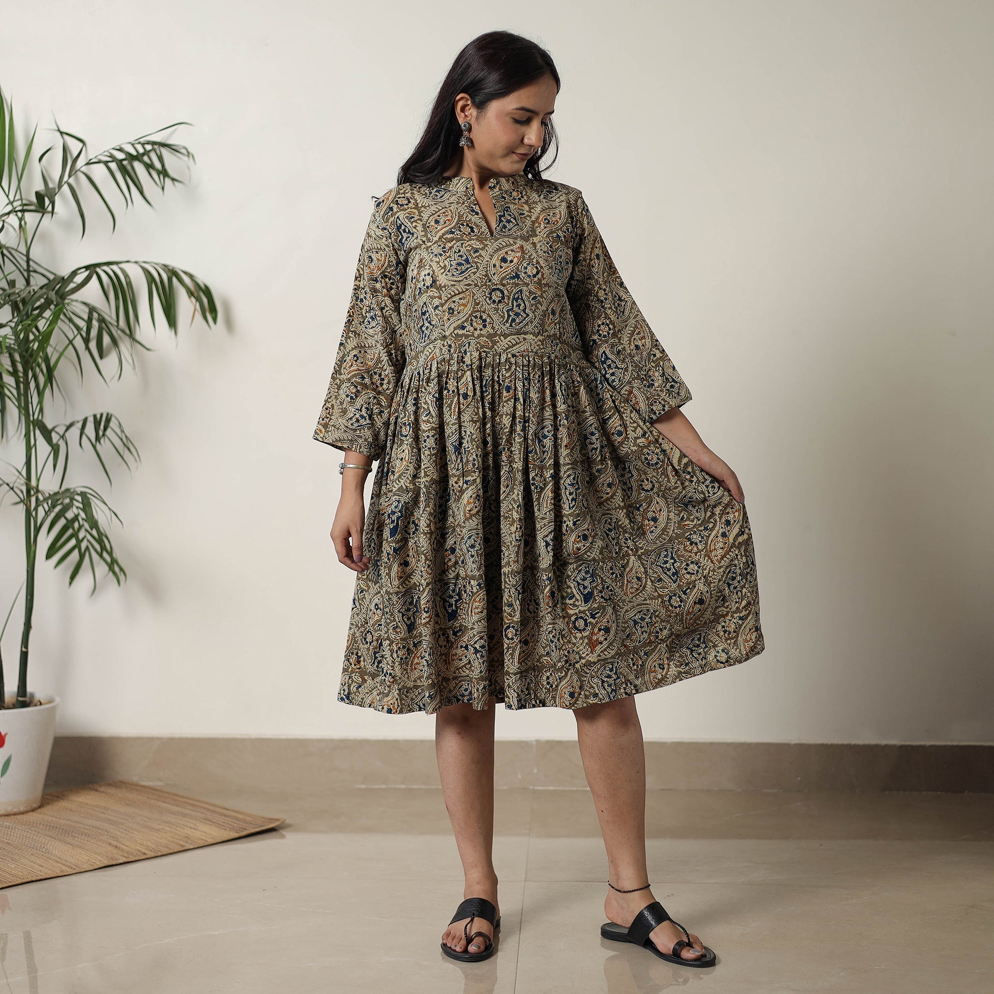 ITOKRI CASUALS Brown - Pedana Kalamkari Block Printed Cotton Flared Dress 09 - view 2