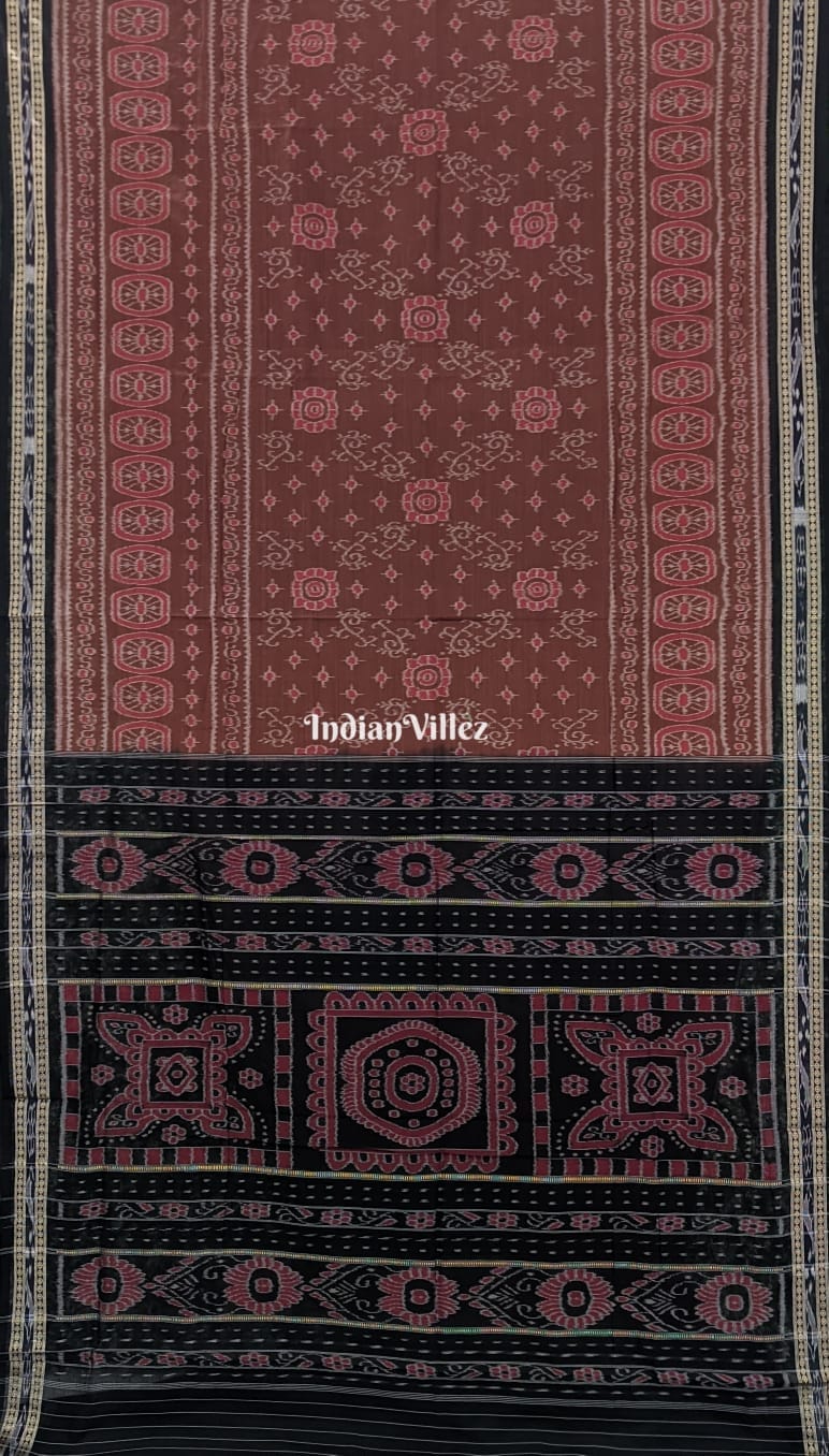 IndianVillèz Rust Flower Design Sambalpuri Ikat Cotton Saree